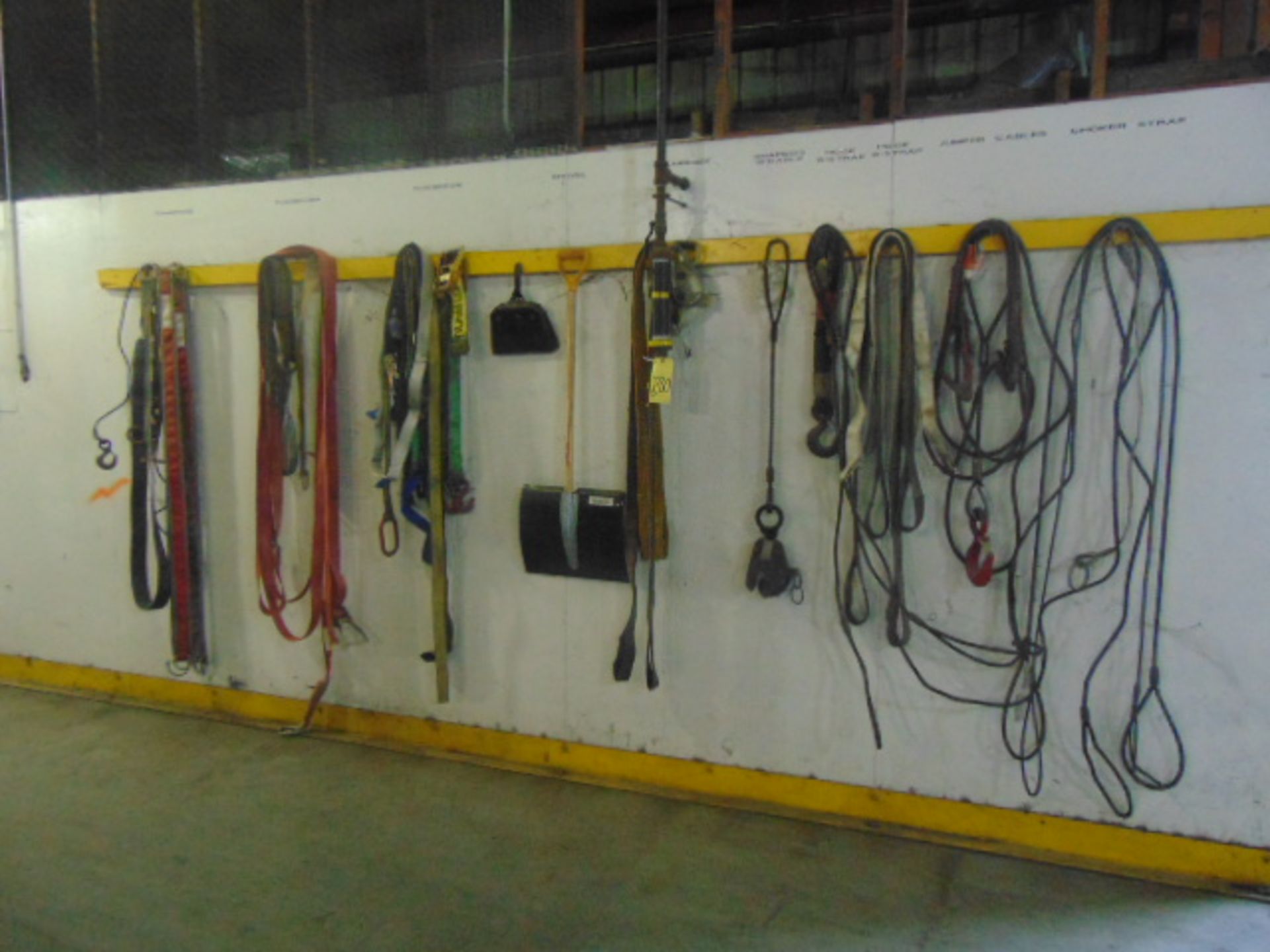 LOT CONSISTING OF: slings & safety harnesses, assorted (on wall)