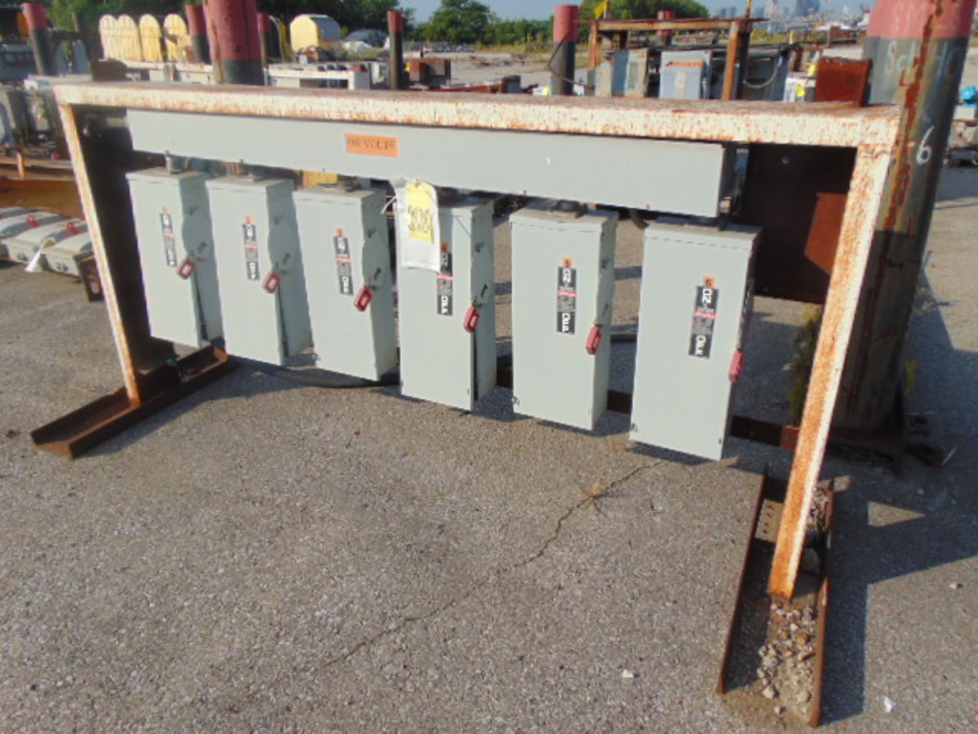 LOT OF OUTDOOR ELECTRIC PORTABLE SUB-STATIONS, w/disconnect boxes & assorted transformers