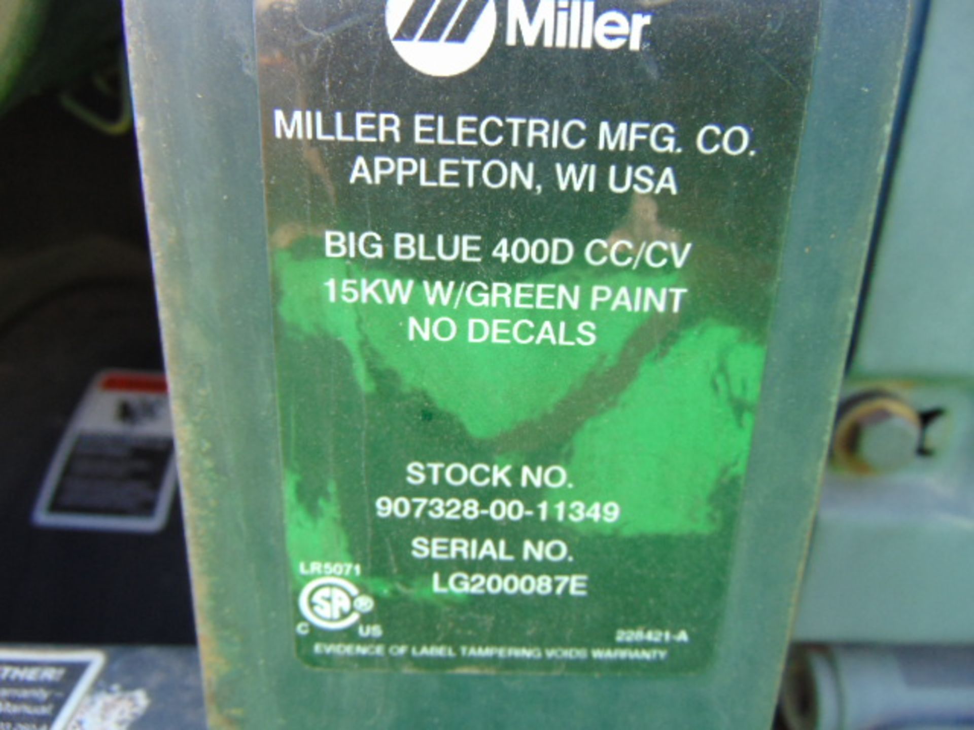 PORTABLE WELDING GENERATOR, MILLER MDL. BIG BLUE 400D DC, 450 amps output, capable of MIG, STICK & - Image 7 of 7