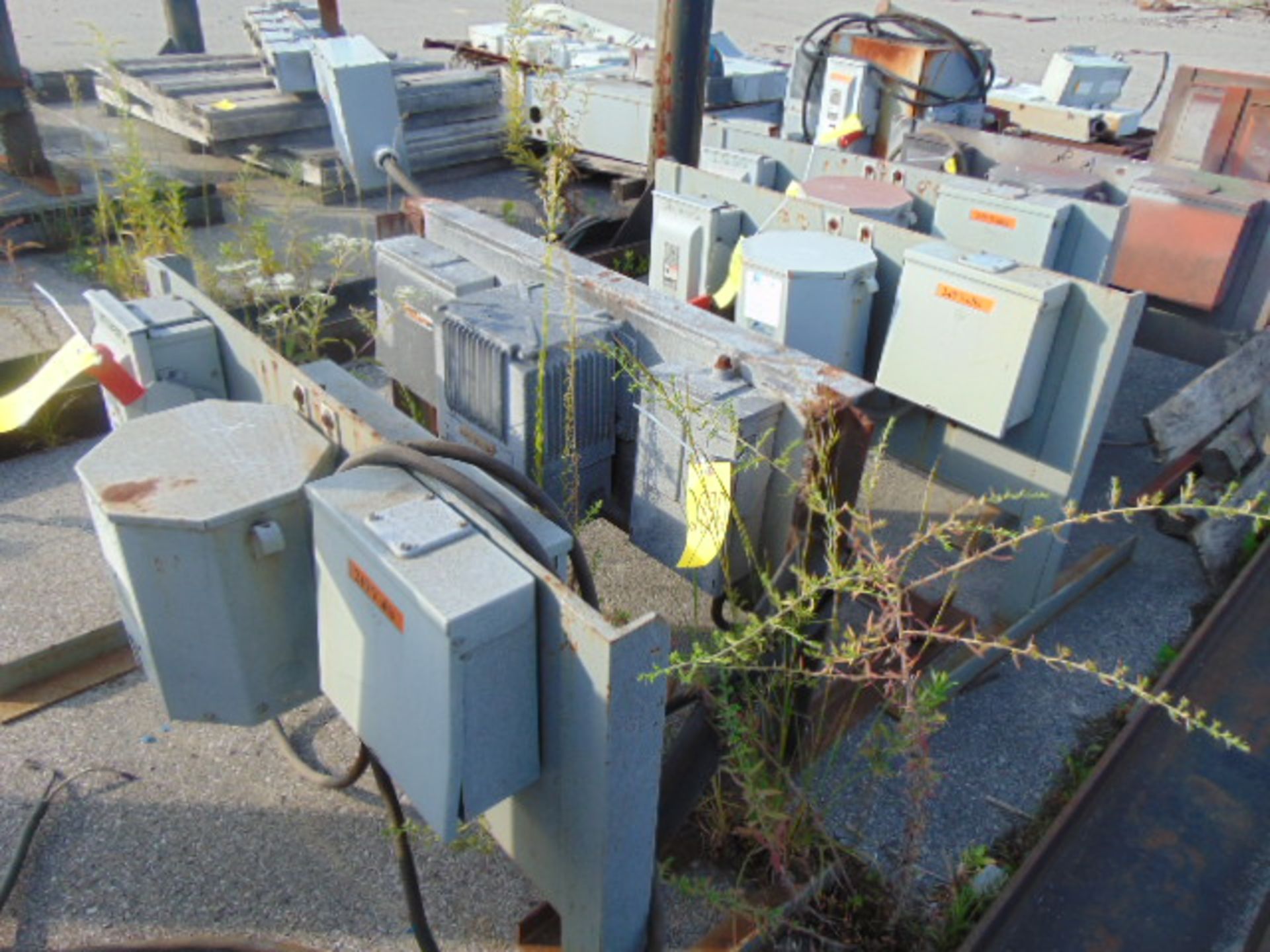 LOT OF OUTDOOR ELECTRIC PORTABLE SUB-STATIONS, w/disconnect boxes & assorted transformers - Image 9 of 13