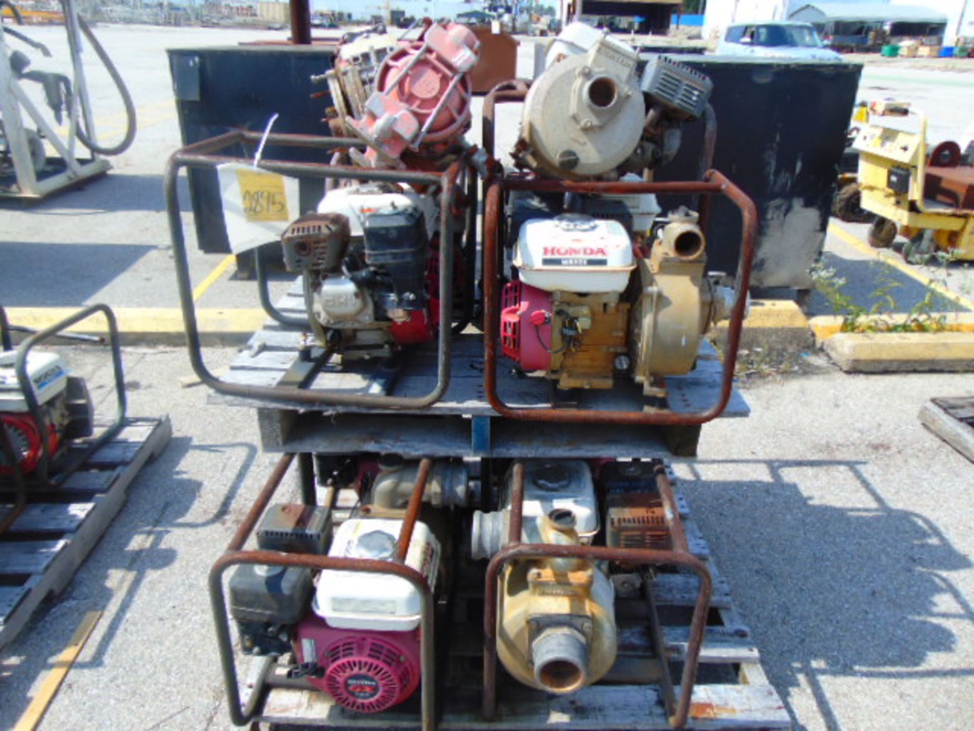 LOT OF GAS POWERED PUMPS (8) (on one skid)