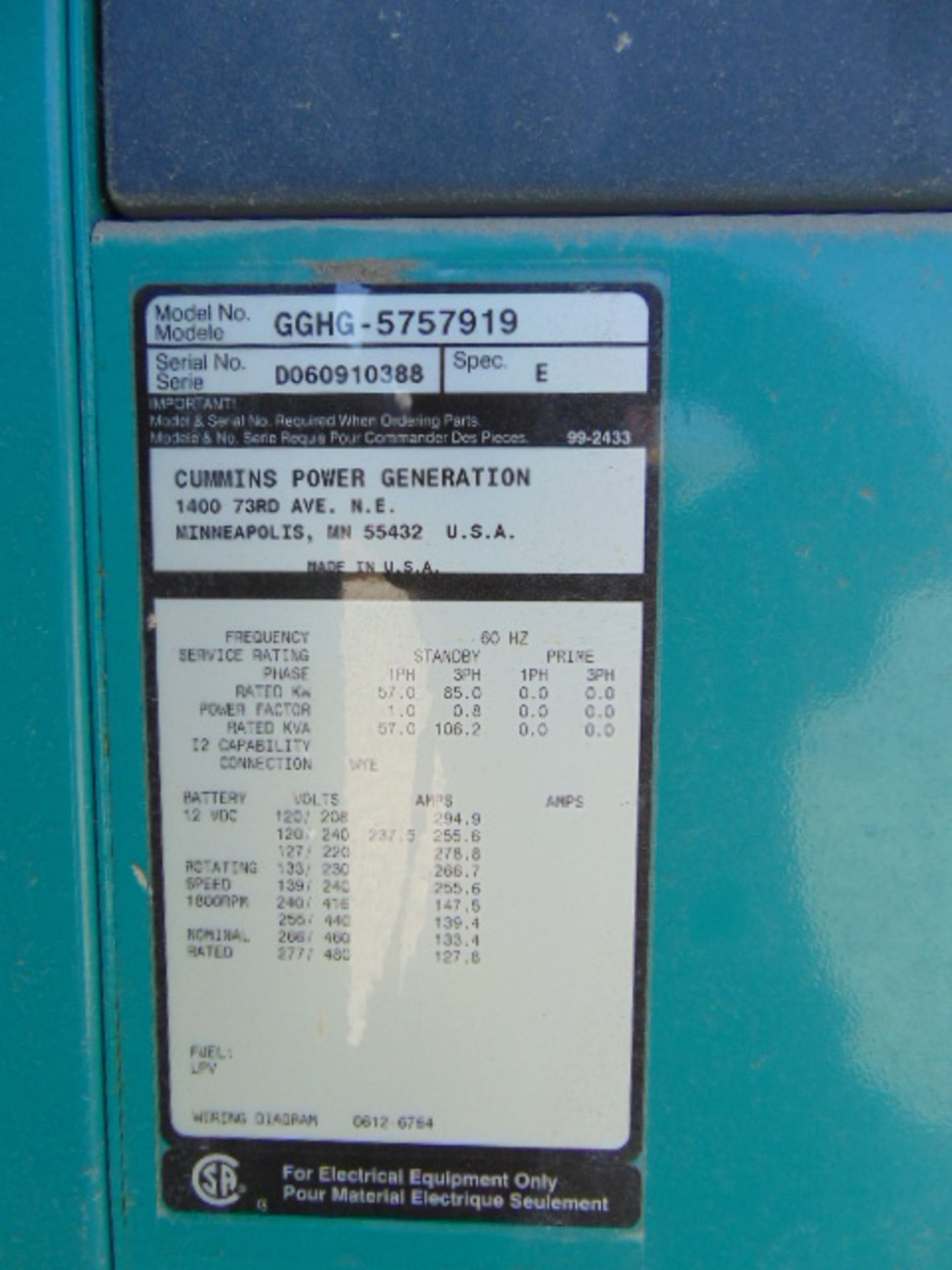 GENERATOR, CUMMINS MDL. GGHG-5757919, diesel pwrd., 57 rated KW, sgl. phase, 85 KW 3 phase, rated - Image 5 of 8