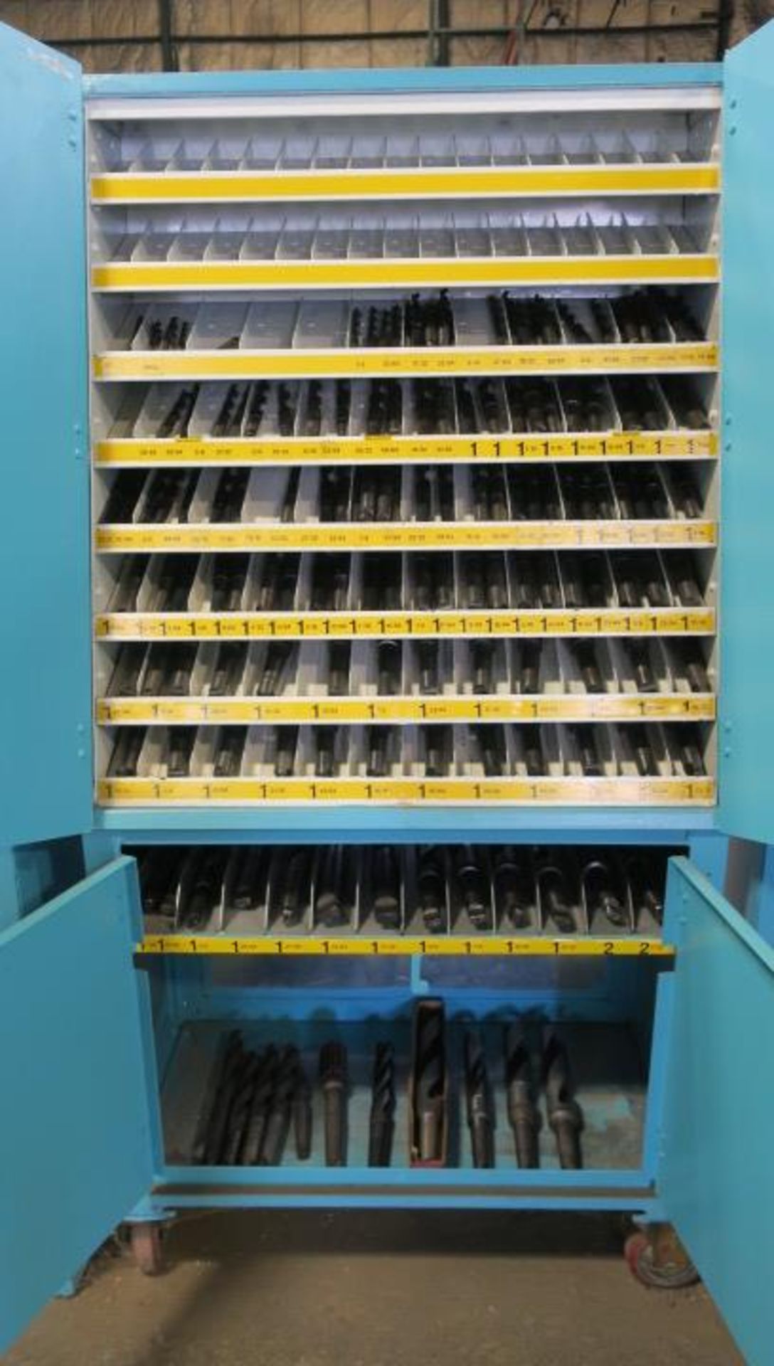 CABINET, w/large qty. of taper shank drills from 1/2" to 2-7/32" dia., in sorted trays