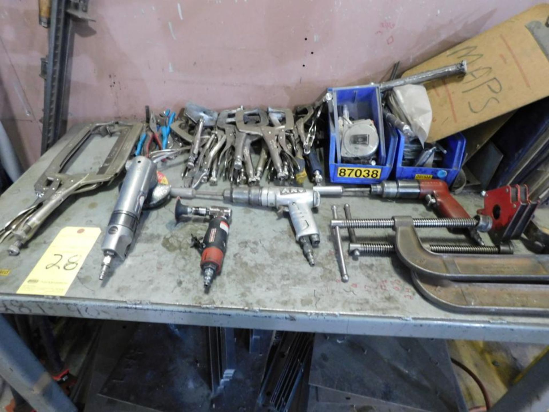 LOT CONSISTING OF: rolling steel table, w/contents of welding clamps, assorted, pneu. tools, pipe