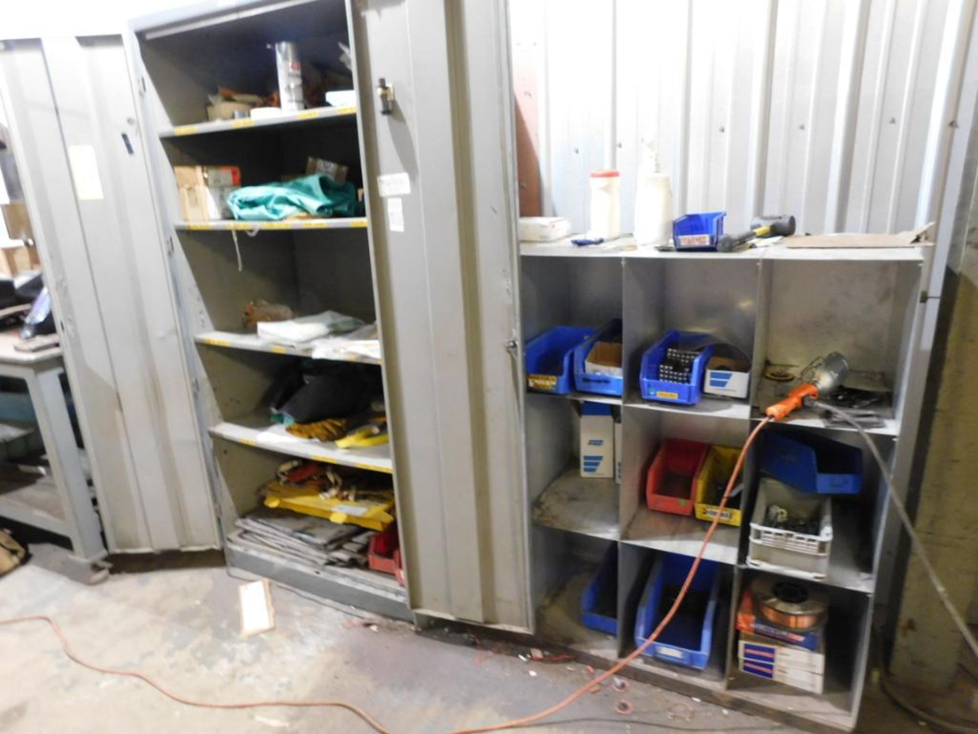 LOT CONSISTING OF: cabinet, (2) rolling tables, w/contents of welding supplies, (2) DeWalt angle - Image 2 of 2