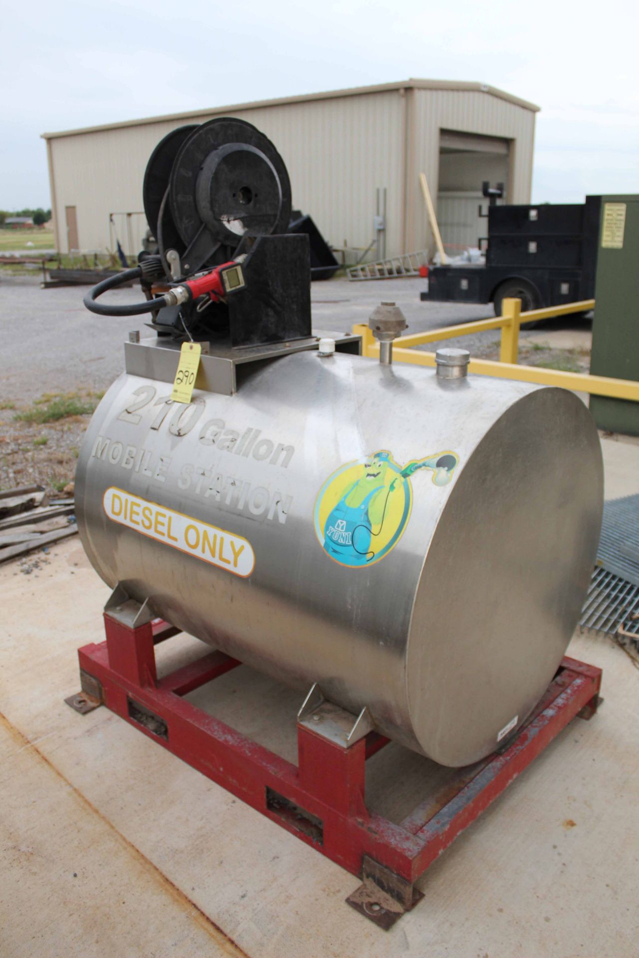 STAINLESS STEEL FUEL TANK, 210 gal. cap., on skid w/dispensing pump & meter on handle