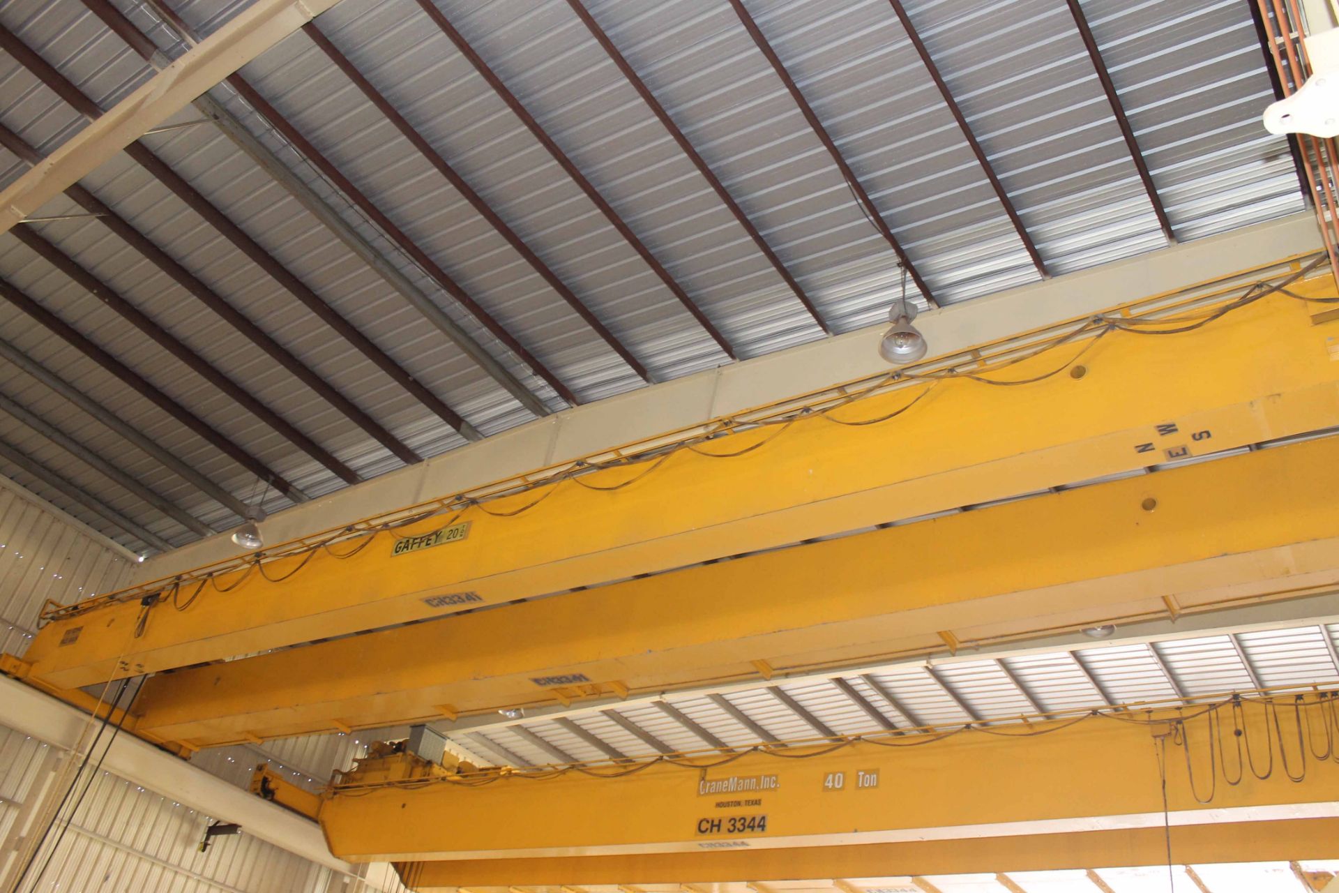 Overhead Bridge Crane, Gaffey 20 ton cap., x 73'-11-1/4" span, dual box beam, top riding, pendant