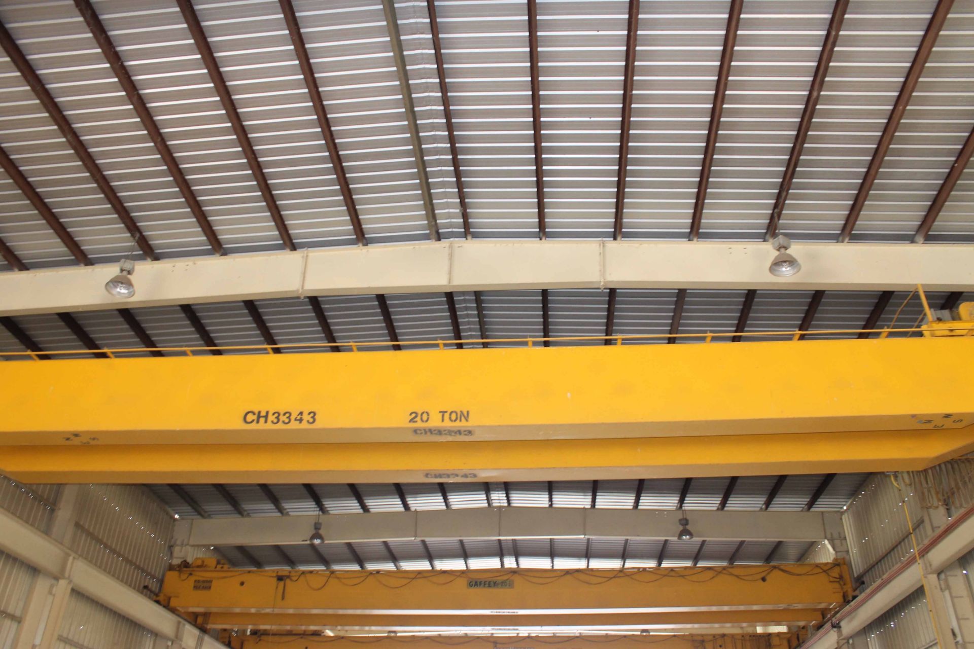 Overhead Bridge Crane, Gaffey 20 ton cap., x 73'-11-1/4" span, dual box beam, top riding, pendant