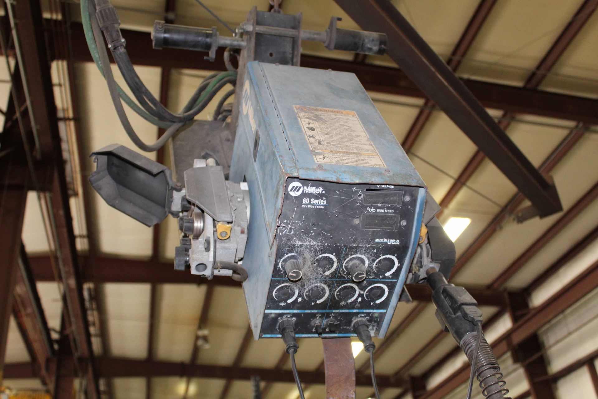 WELDING MACHINE, MILLER XMT450 CC/CV, new 2014, 60 Series 24 v. wire feeder, wall mtd. I-beam, S/N - Image 2 of 2