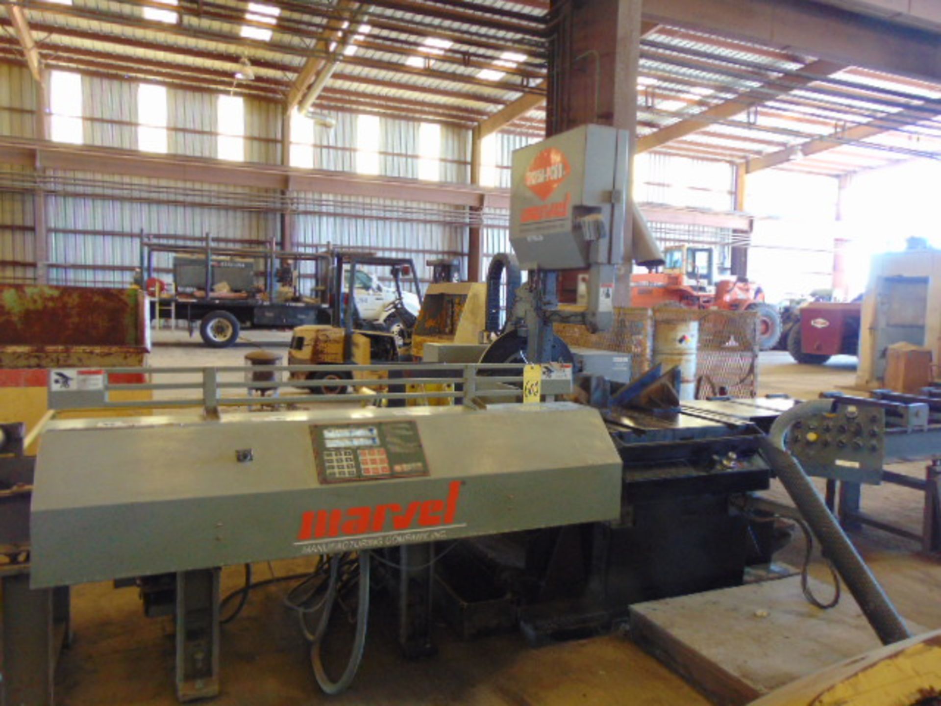 VERTICAL BANDSAW, MARVEL MDL. 2125A-PC60 TILT FRAME, 30' infeed/outfeed H.D. roller conveyors,