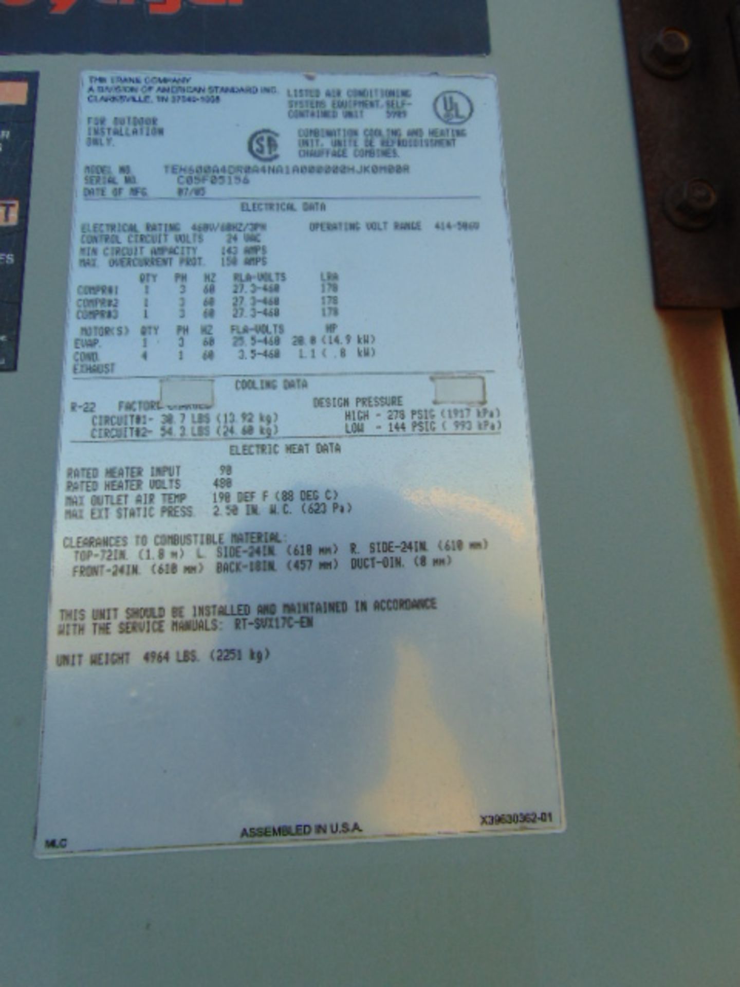 AIR CONDITIONING/HEATING UNIT, TRANE MDL. TEH600A4DU0A4NA1A00000H0K0000R, 198 deg. max. outlet air - Image 3 of 3