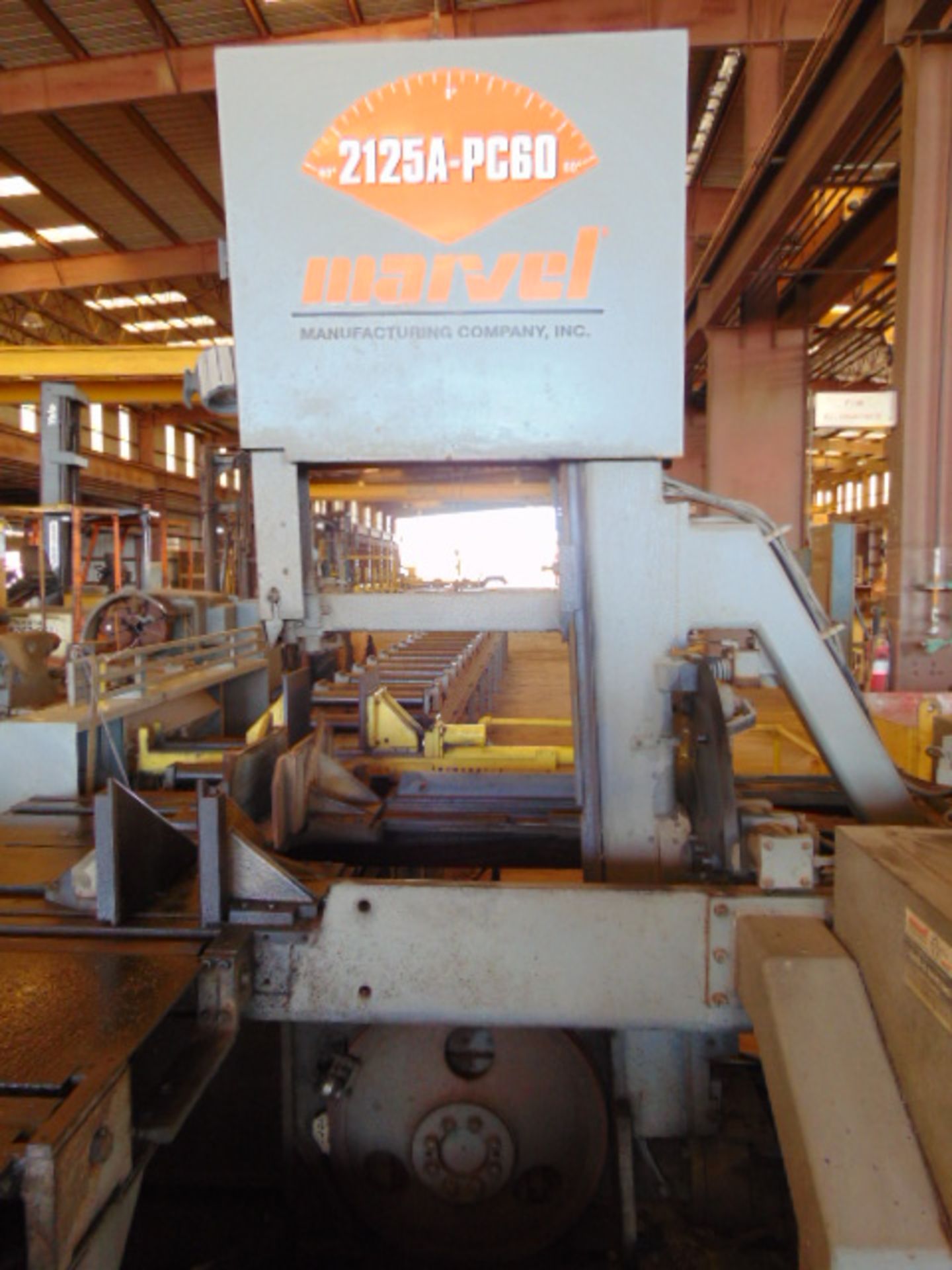 VERTICAL BANDSAW, MARVEL MDL. 2125A-PC60 TILT FRAME, 30' infeed/outfeed H.D. roller conveyors, - Image 6 of 13