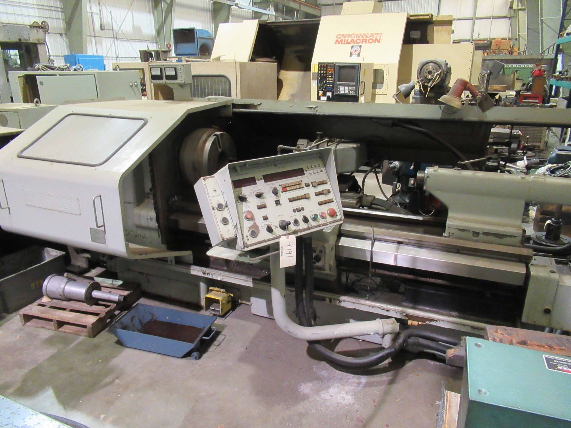 CNC FLATBED LATHE, OKUMA MDL. LH35N, Big Bore 400/140, SMW chuck w/5.5" bore, horiz. and vert.