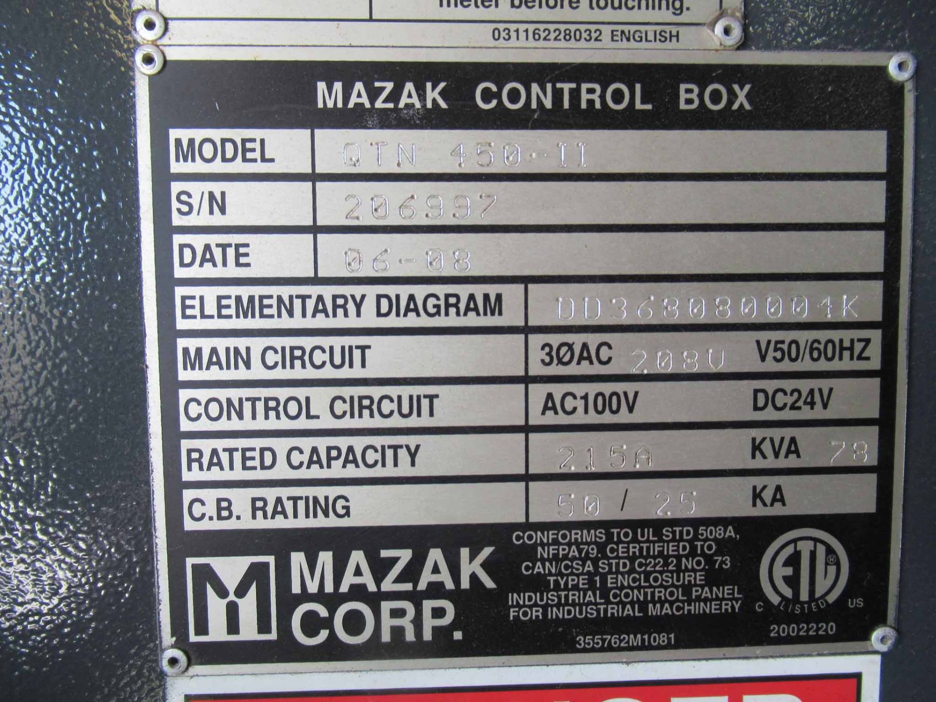 CNC LATHE, MAZAK MDL. QTN450-II, new 2008, Mazatrol Matrix Nexus CNC control, 33.27" sw. over bed, - Image 7 of 7