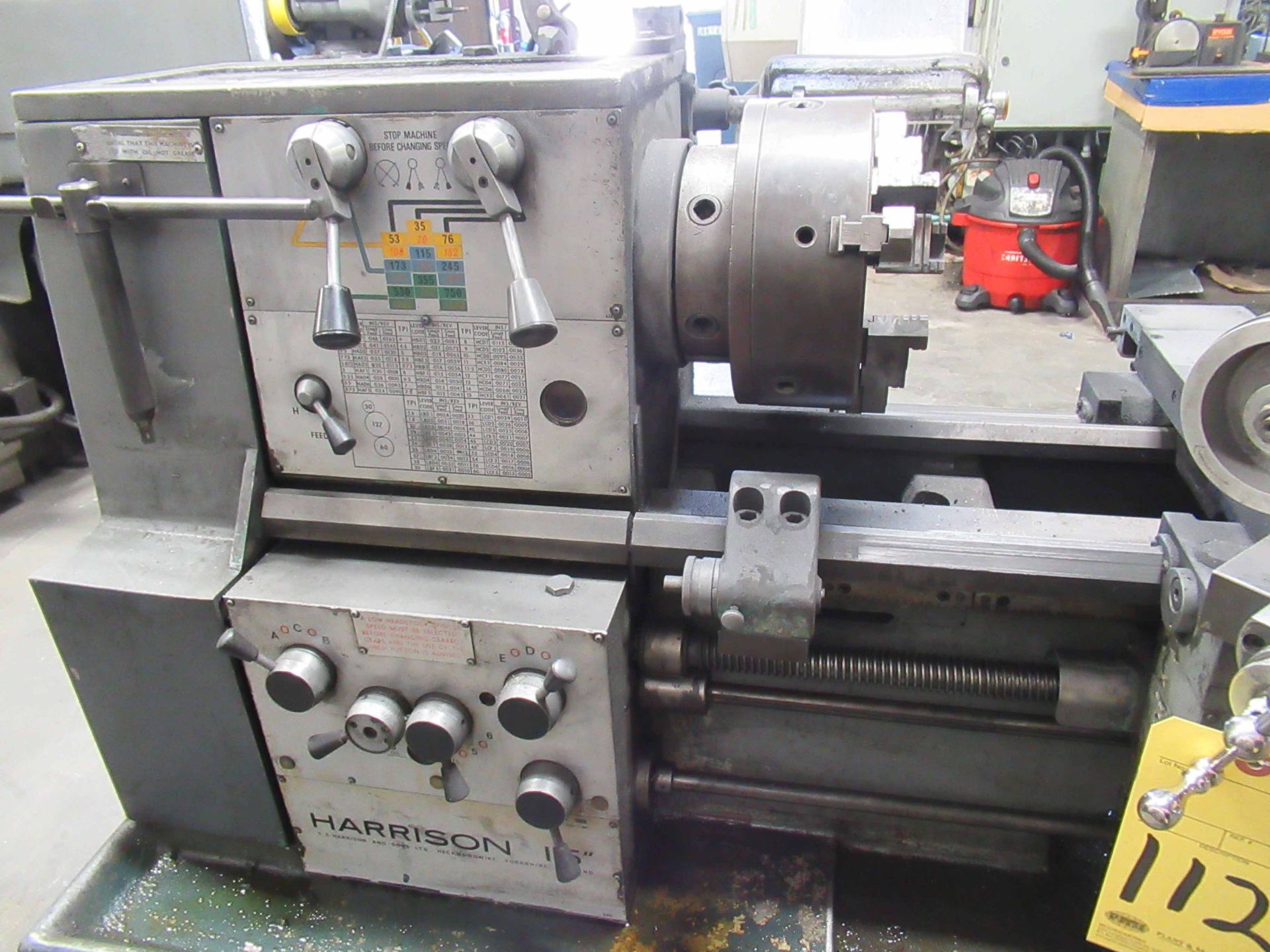 LATHE, HARRISON 15" X 54", MDL. L15, 10" dia 3-jaw chuck, grinding head on crosslide, taper missing, - Image 3 of 5