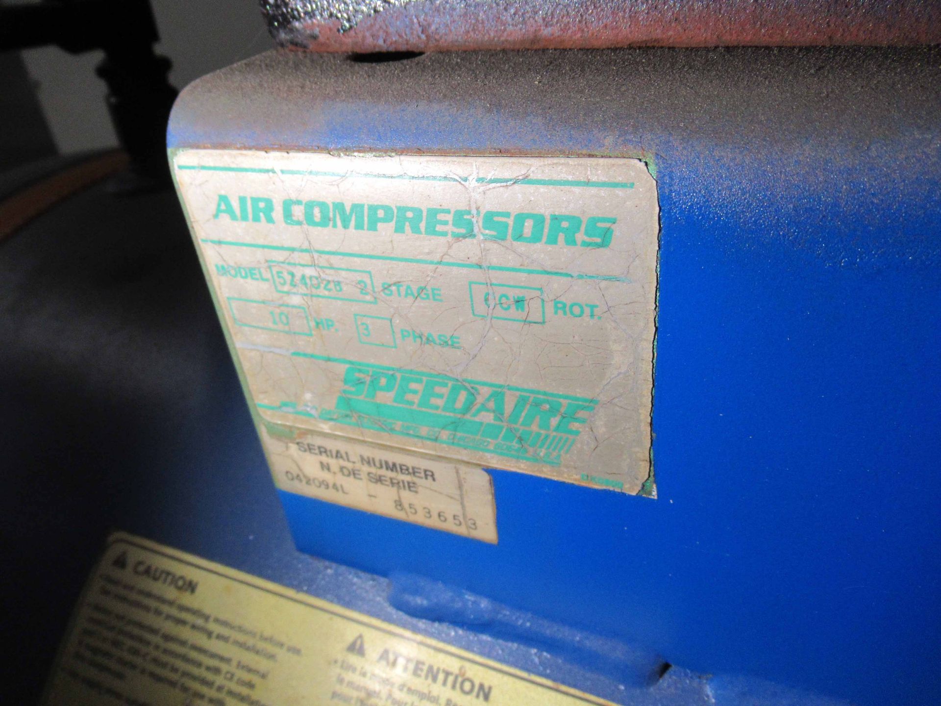 RECIPROCATING AIR COMPRESSOR, SPEEDAIRE MDL. 5Z402B, 10 HP motor, 2-stage, S/N 042094L853653. ( - Image 3 of 5