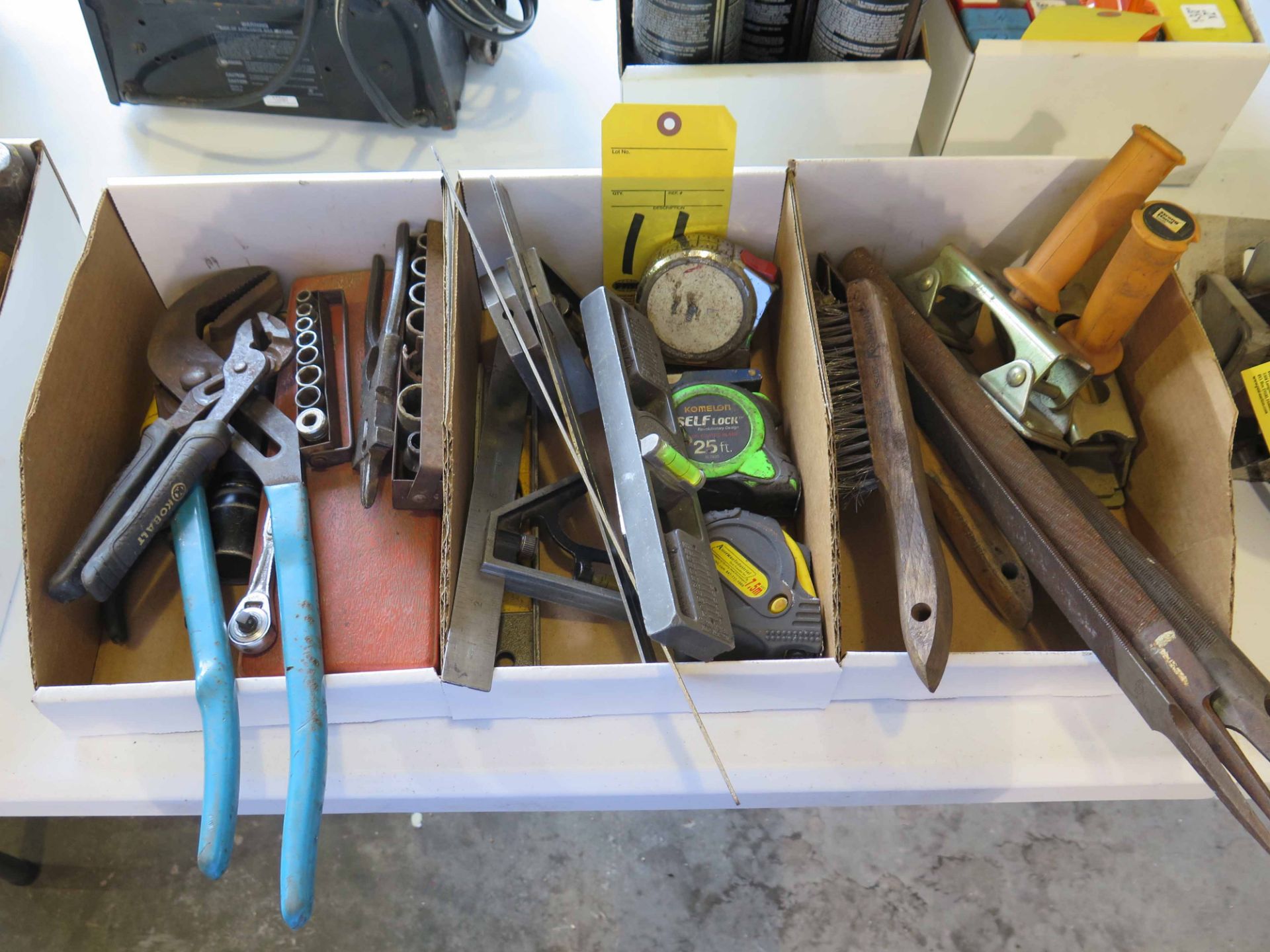 LOT CONSISTING OF: hand tools, files, squares, tape measures, etc. (in three boxes)