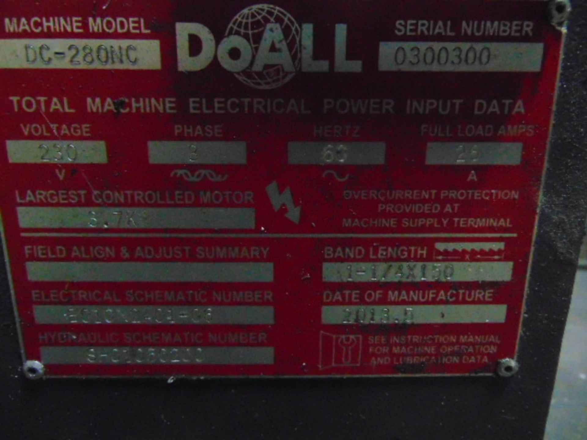 CNC HORIZONTAL BANDSAW, DOALL CONTINENTAL SERIES MDL. DC280NC, new 5/2013, sgl. column design, 1-1/ - Image 7 of 7