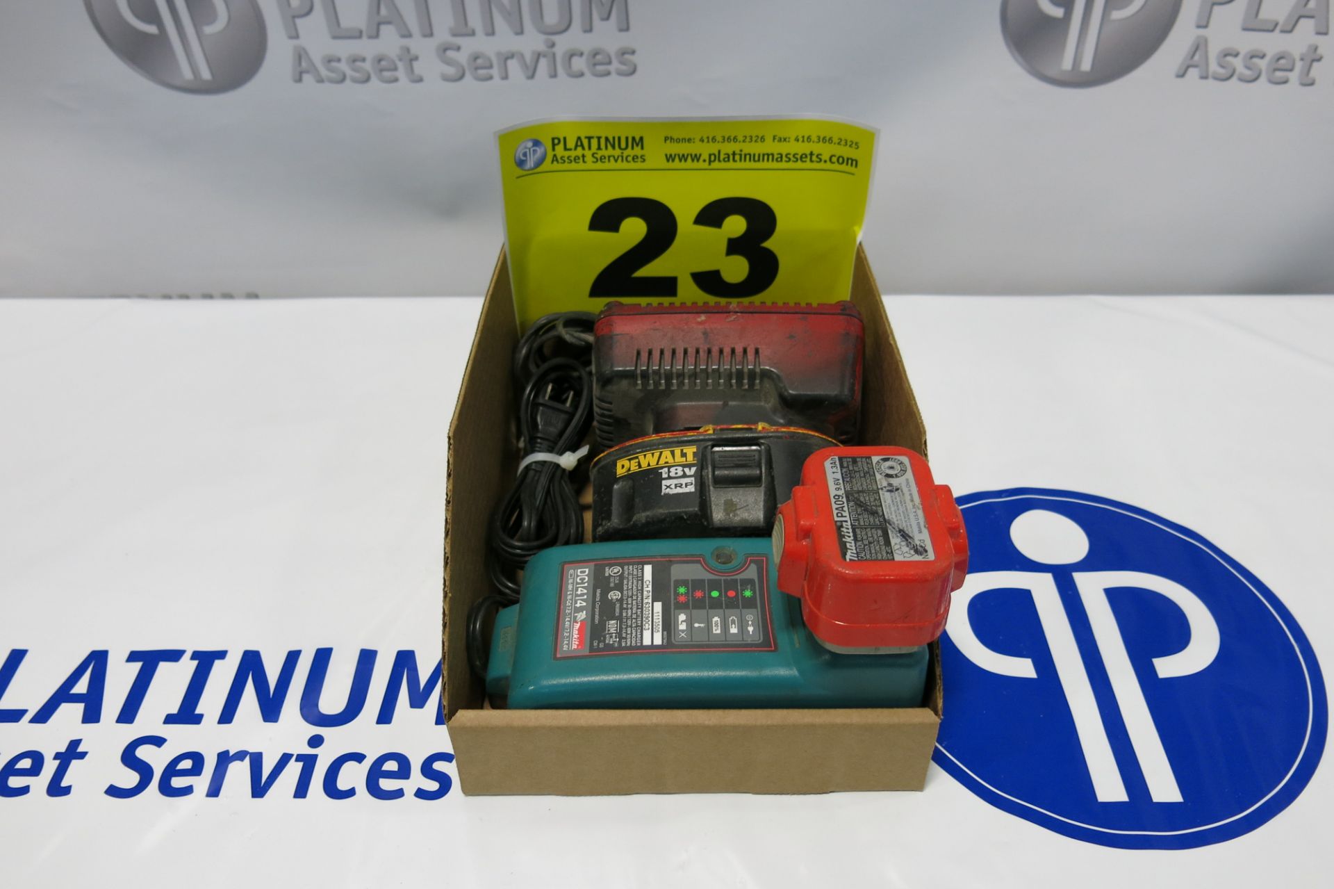 LOT OF DEWALT, DW9116, AND MAKITA, DC1414, CHARGERS AND BATTERIES