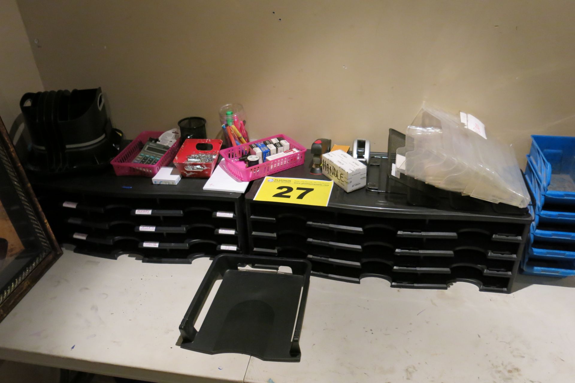 LOT OF PAPER TRAYS AND OFFICE SUPPLIES