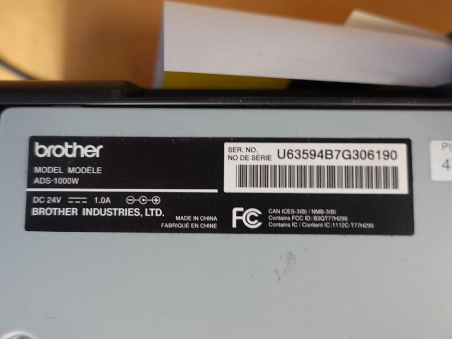 BROTHER, ADS-1000W, PORTABLE, SHEETFED SCANNER, S/N U63594B7G306190 - Image 2 of 2