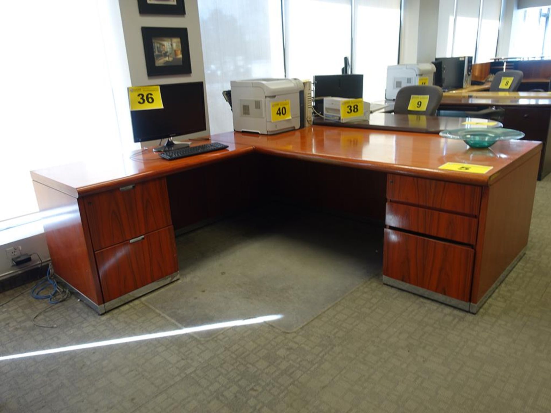 L-SHAPED, WOOD DESK WITH GLASS BOWL
