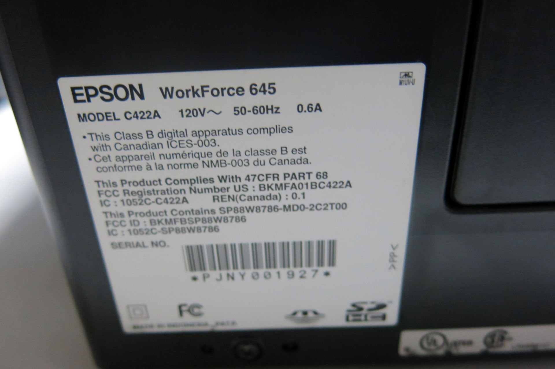 EPSON, WORKFORCE 645, WIRELESS ALL IN ONE COLOUR INKJET PRINTER, S/N PJNY001927 - Image 3 of 3