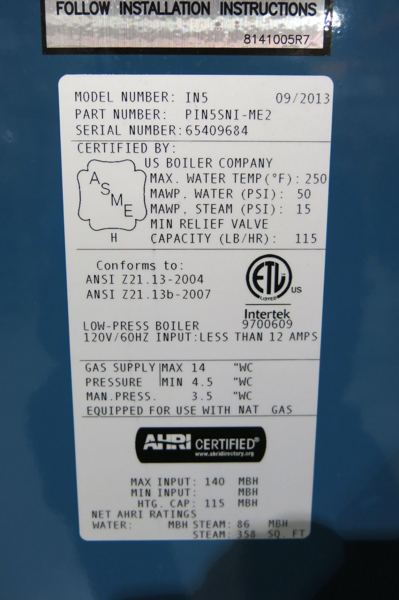 US BOILER COMPANY, PIN5SNI-ME2, 86,000 BTU, NATURAL GAS BOILER, 2013, S/N 65409684, CONDENSATE - Image 10 of 11