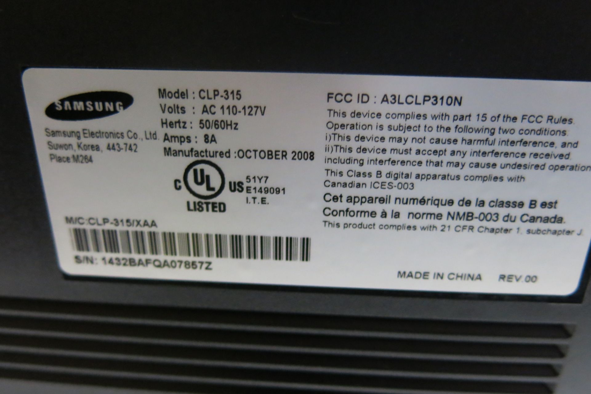 SAMSUNG, CLP-315, COLOUR LASER PRINTER, 2008, S/N 1432BAFQA07857Z - Image 2 of 2