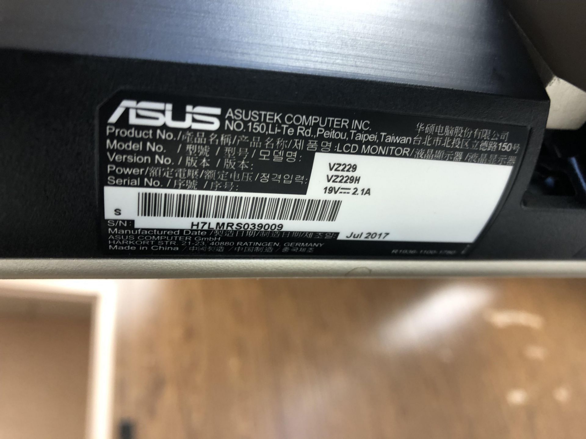 ASUS, VZ229, 22", LED COLOUR MONITOR, 2017, S/N H7LMR039009 - Image 2 of 2