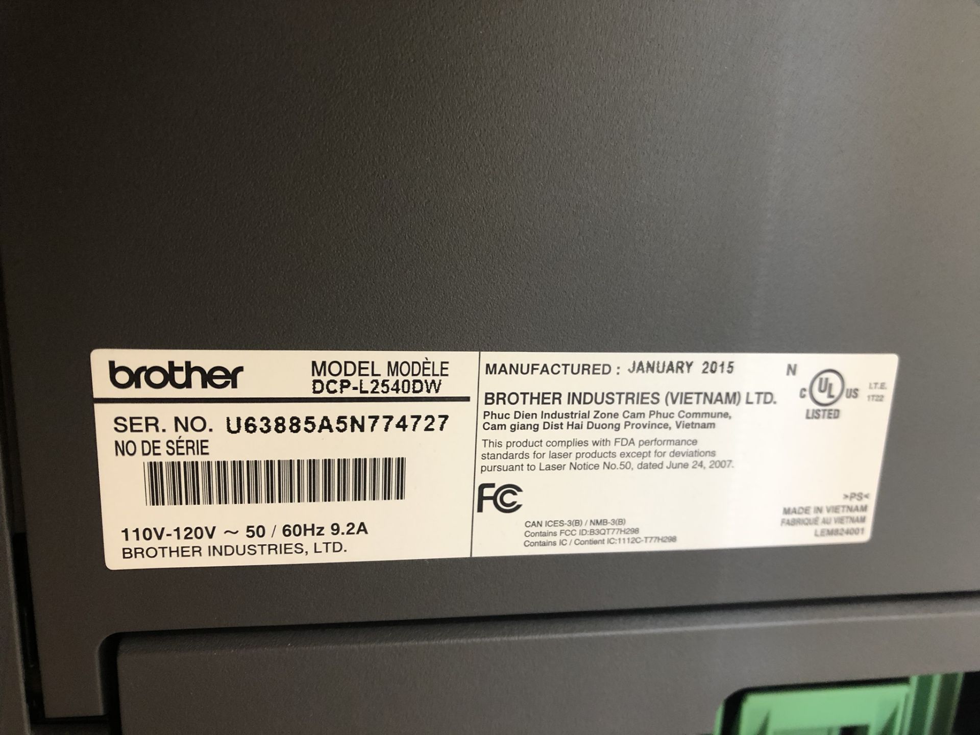 BROTHER, DCP-L2540DW, LASER MULTIFUNCTIONAL PRINTER, S/N U63885A5N774727, 2015 - Image 2 of 2