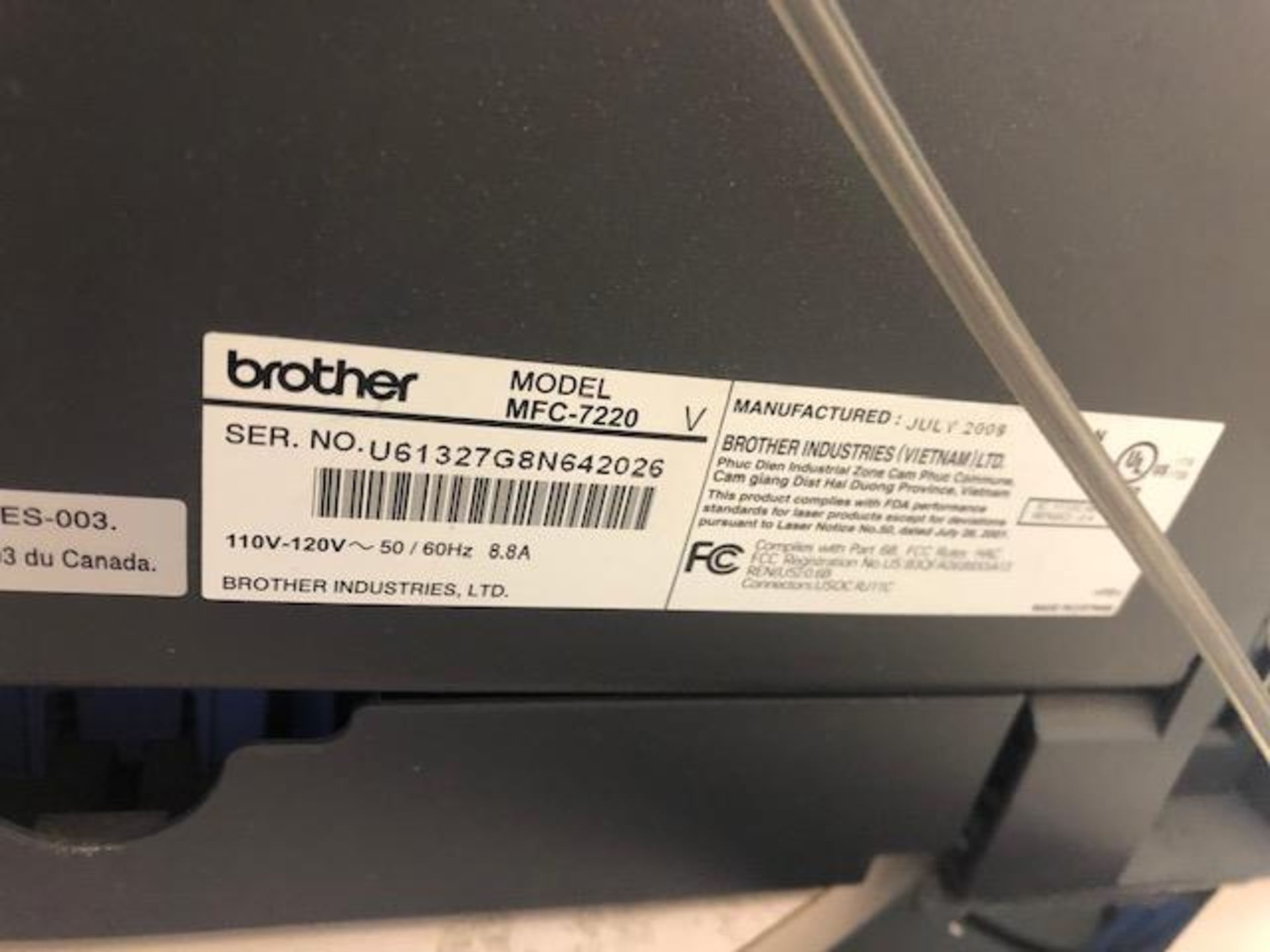 BROTHER, MFC-7220, MONOCHROME LASER MULTIFUNCTION PRINTER, S/N U61327G8N642026 - Image 3 of 3