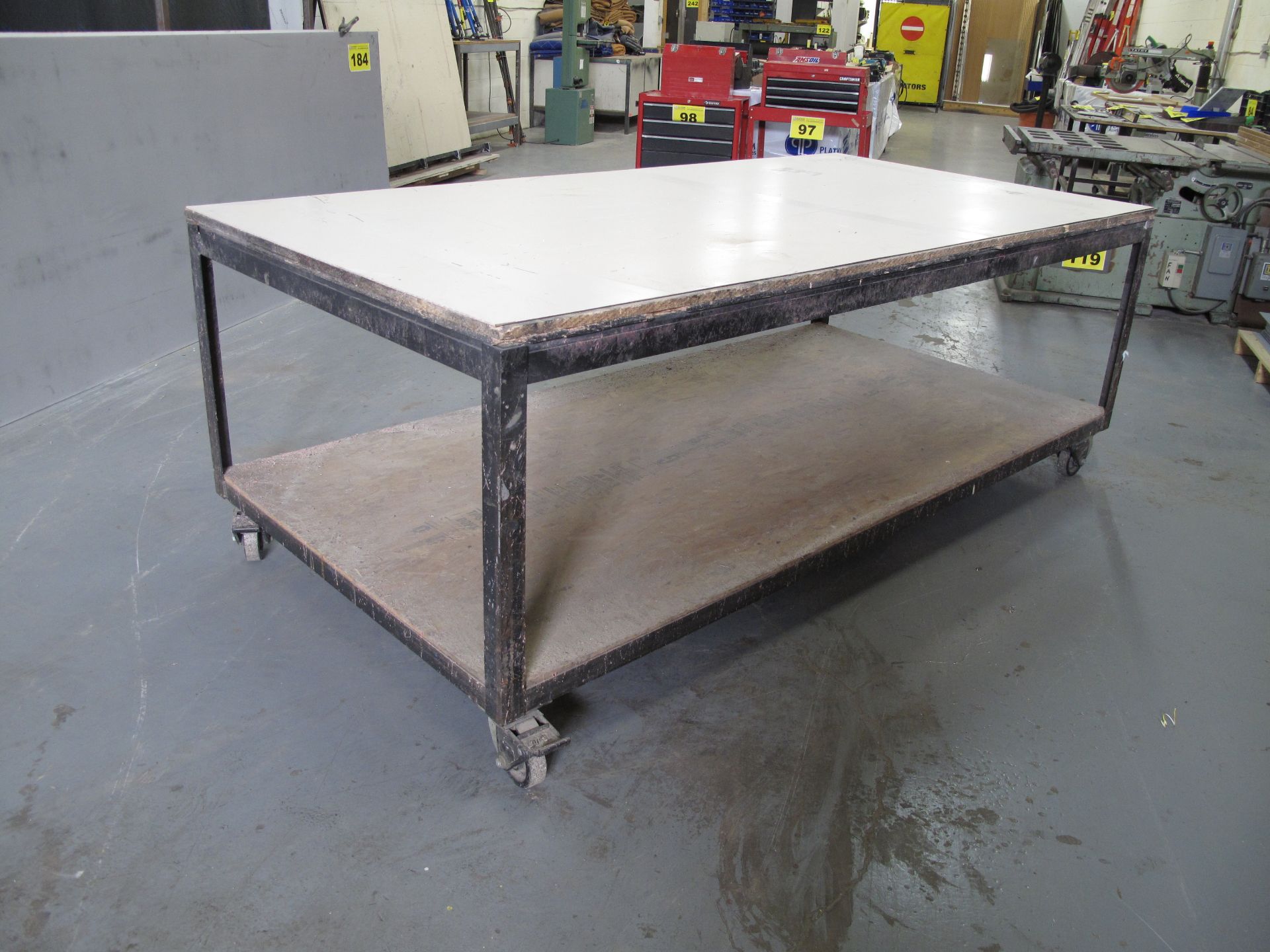 METAL, FRAMED WOOD TOPPED, ROLLING SHOP WORK BENCH, 4' X 8'