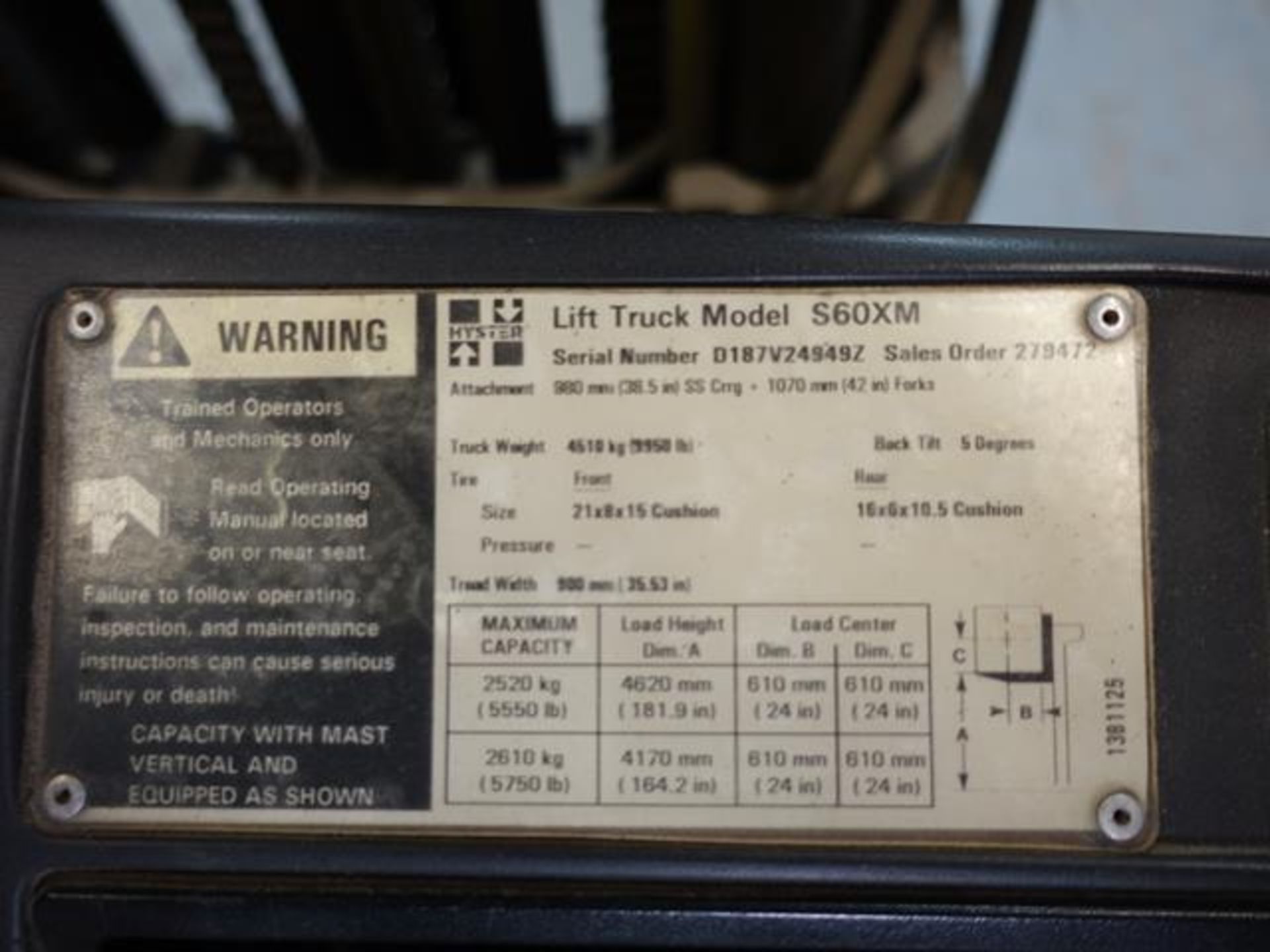 HYSTER, S60M, 6,000 LBS, LPG FORKLIFT WITH SIDESHIFT, 181.9" MAXIMUM LIFT, S/N D187V24949Z (LATE - Image 11 of 11