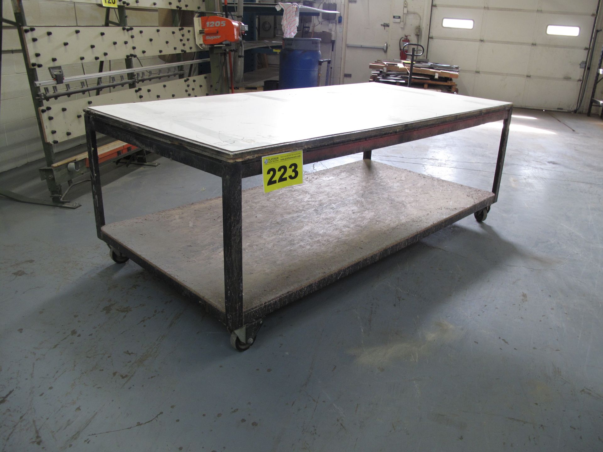 METAL, FRAMED WOOD TOPPED, ROLLING SHOP WORK BENCH, 4' X 8'