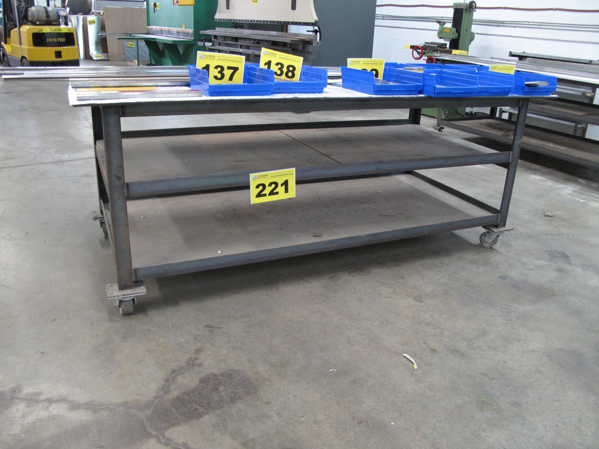 METAL, WELDED ROLLING WORK BENCH, 4' X 8', WITH LOWER SHELVES