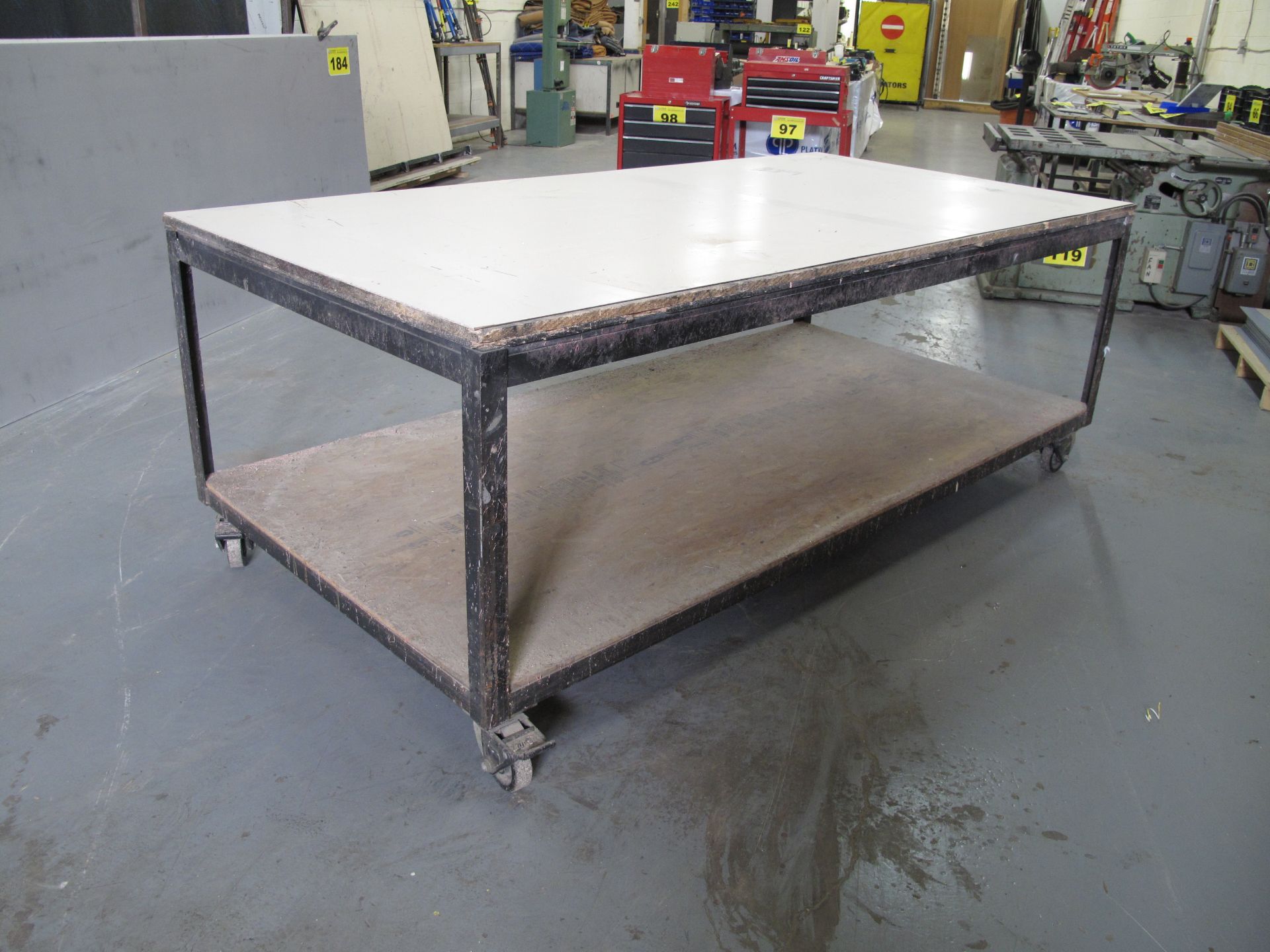 METAL, FRAMED WOOD TOPPED, ROLLING SHOP WORK BENCH, 4' X 8'