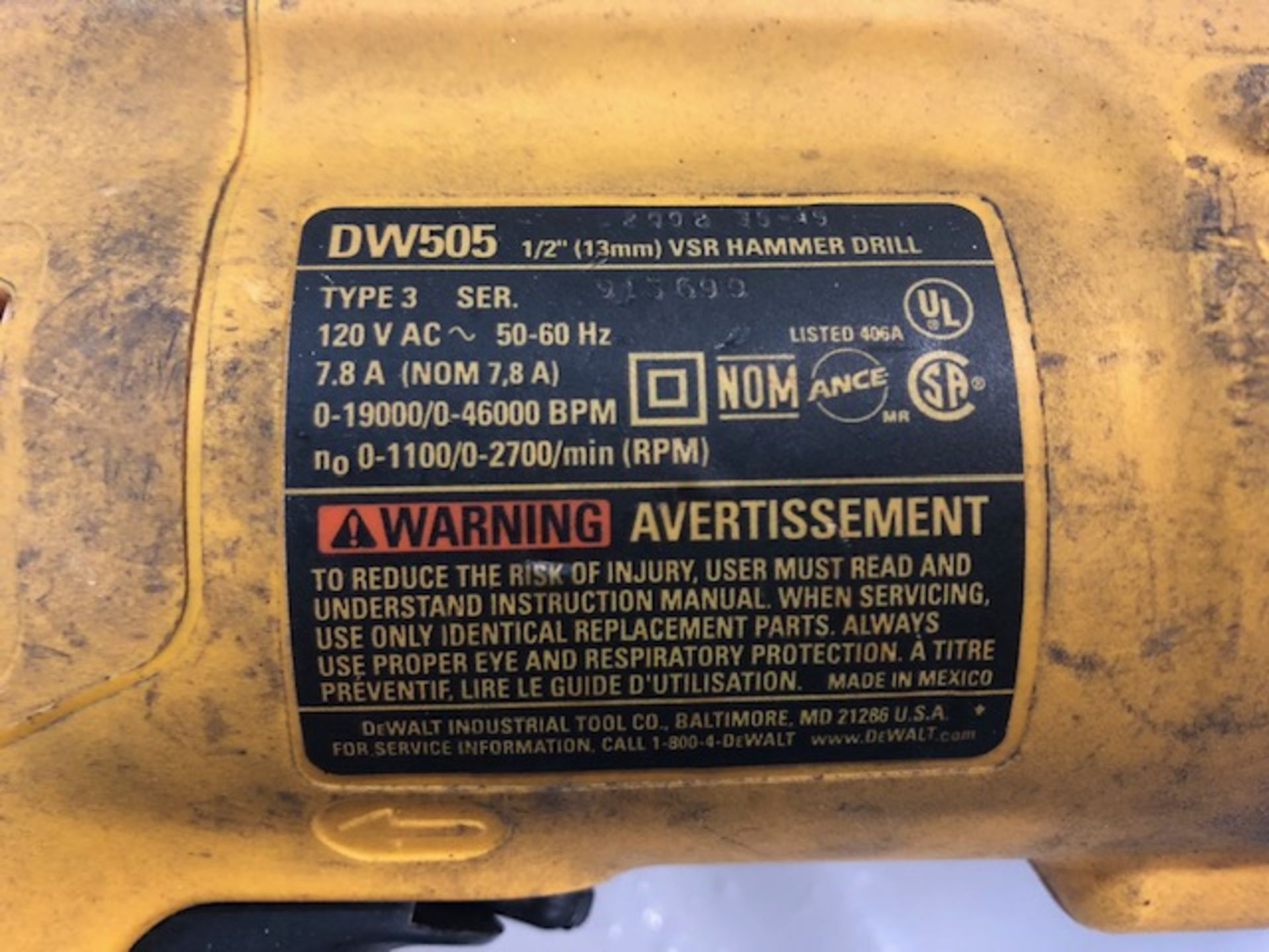 DEWALT, DW505, 1/2", VARIBLE SPEED, HAMMER DRILL, 110 V AC - Image 3 of 4