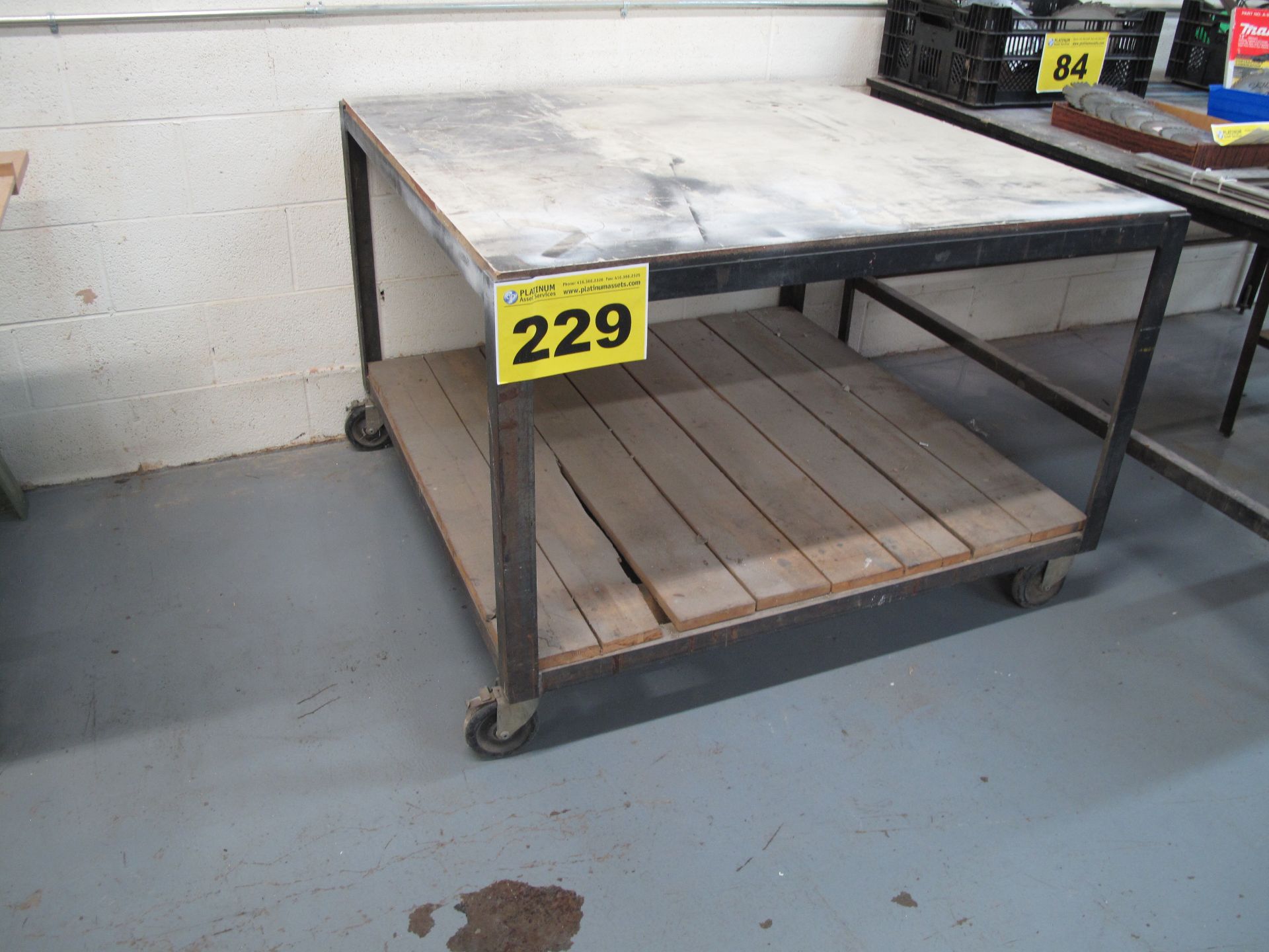 METAL, FRAMED WOOD TOPPED, ROLLING SHOP WORK BENCH, 4' X 4'