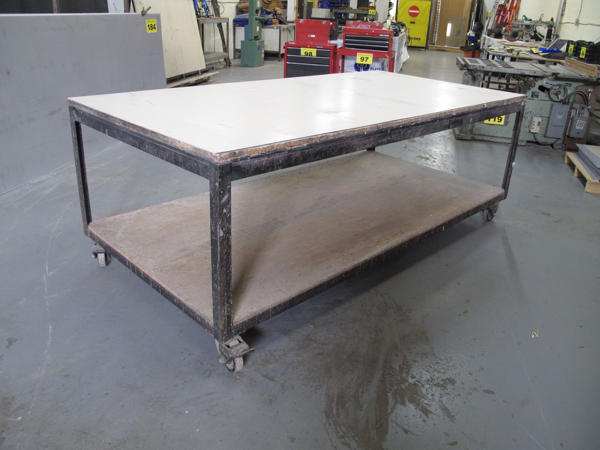 METAL, FRAMED WOOD TOPPED, ROLLING SHOP WORK BENCH, 4' X 8'