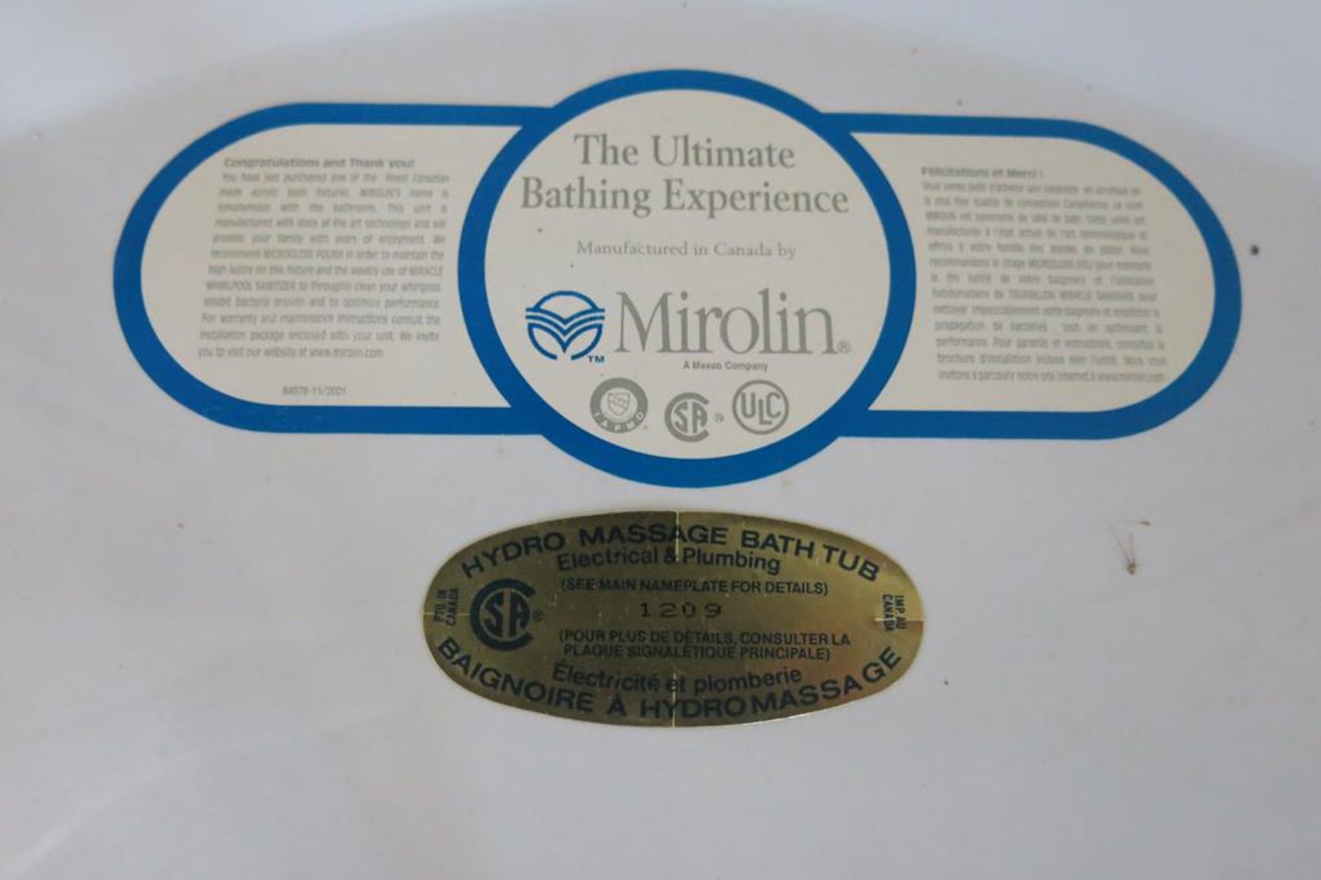 MIROLIN, 6 JET, 4' X 4', CORNER UNIT HYDRO MASSAGE BATH TUB WITH INSTALLATION KIT, 208 VAC, SINGLE - Image 3 of 4