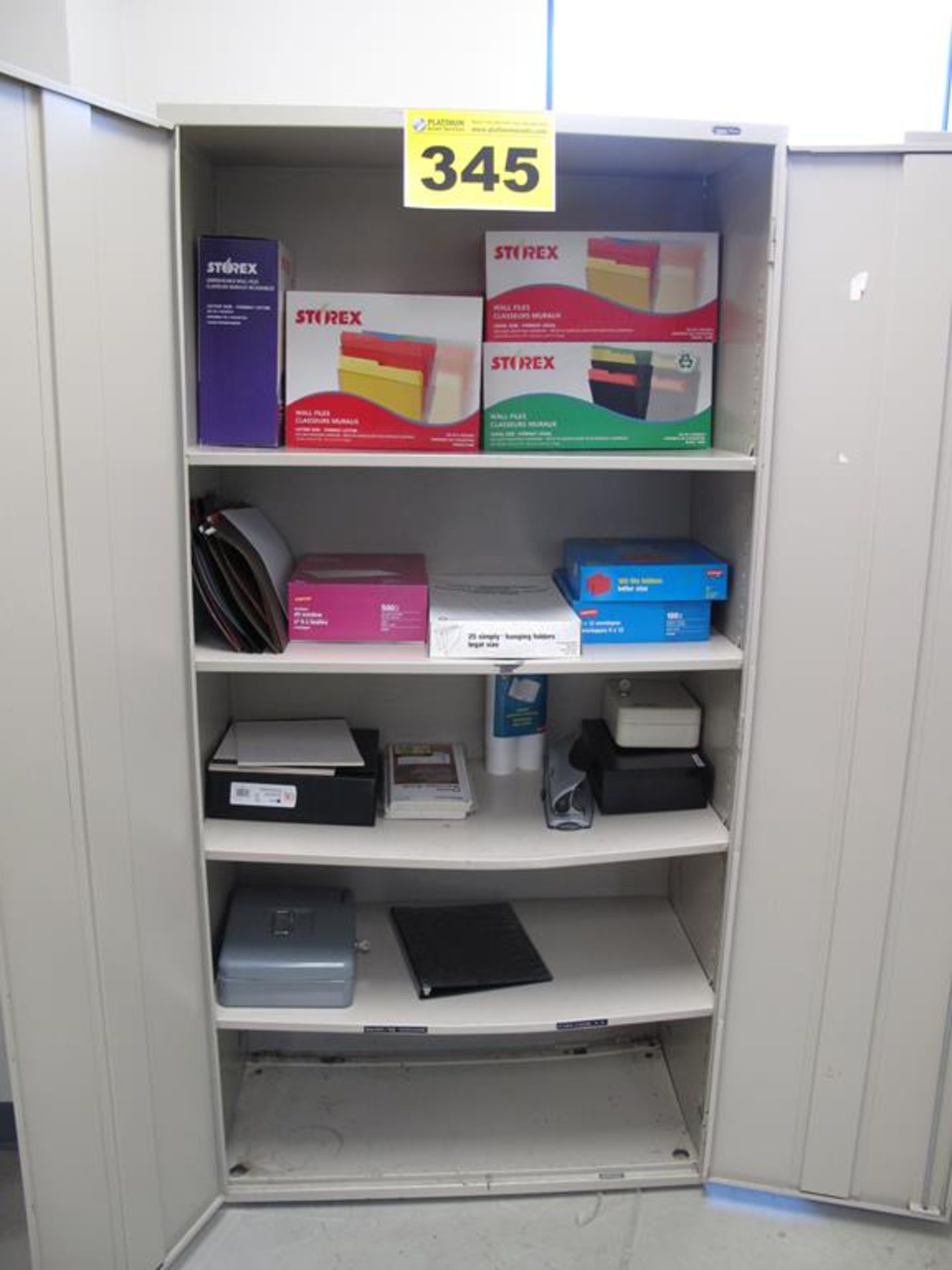 LOT OF ASSORTED OFFICE SUPPLIES IN CABINET (CABINET NOT INCLUDED)