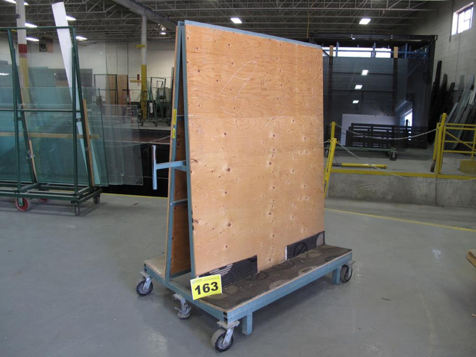 TRAN FAB, 2,000 LBS (APPROX.), 6' X 4' X 3' DOUBLE SIDED, ROLLING PRODUCTION GLASS RACK WITH FOOT