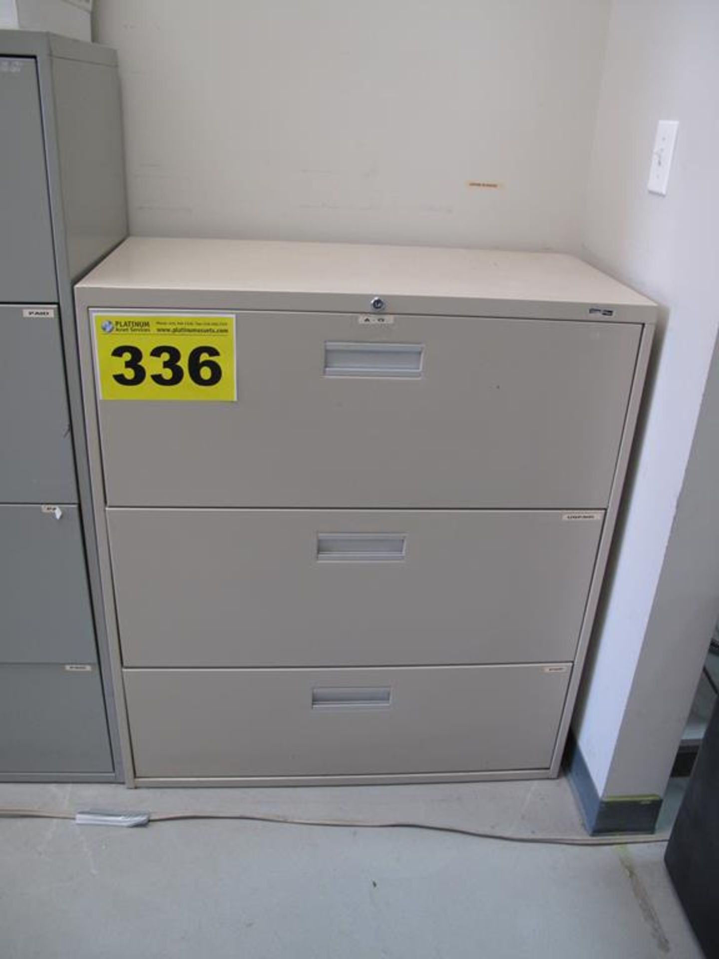 FILING CABINET, BEIGE, THREE DRAWER, LATERAL STEEL