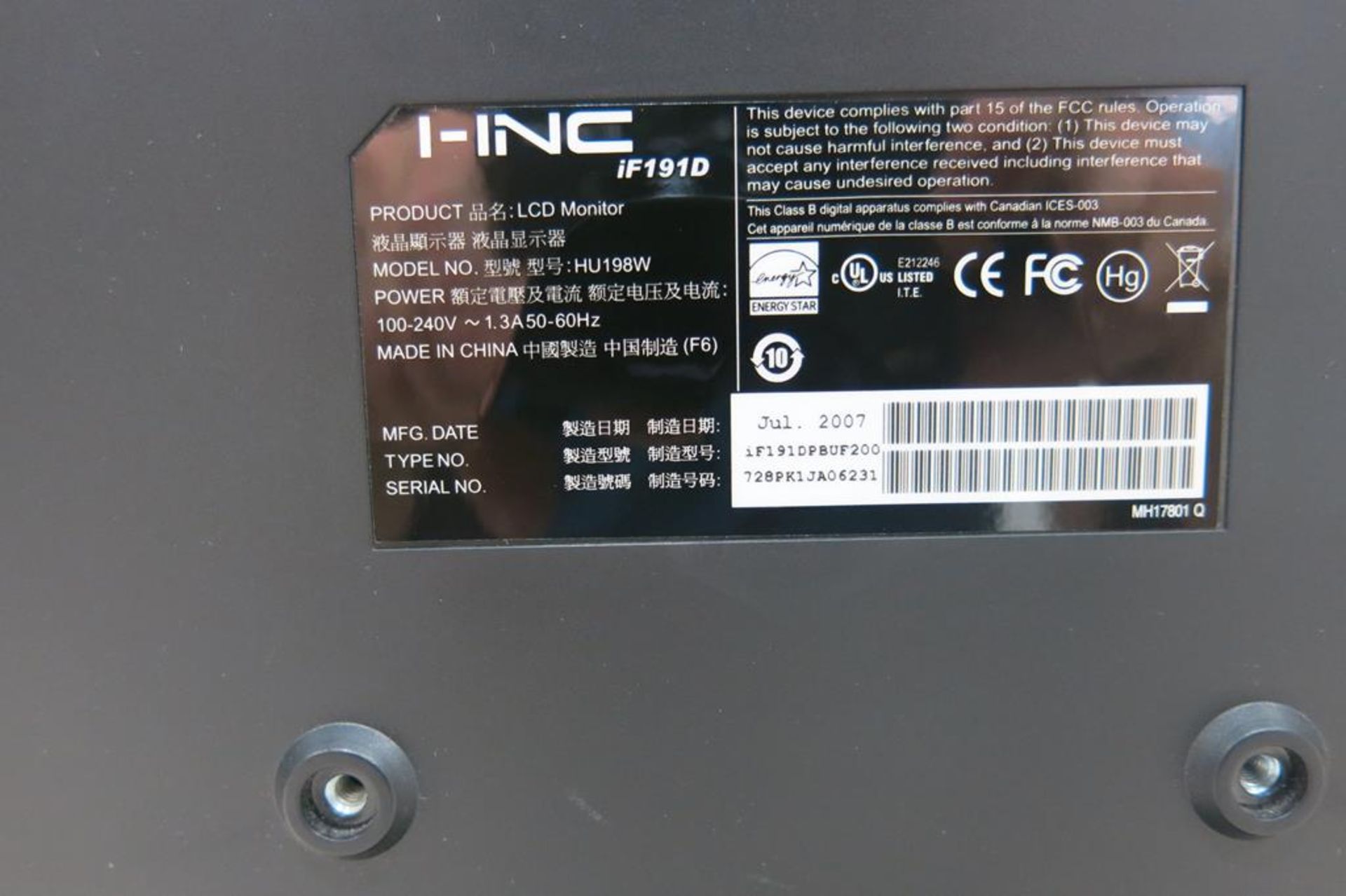 I-INC, IF191D, 19", LED COMPUTER MONITOR, 2007 - Image 2 of 2