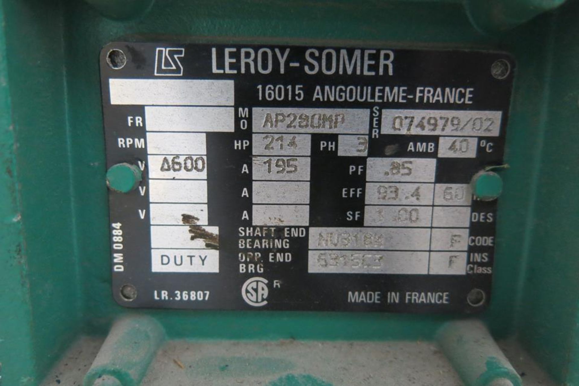 LEROY-SOMER, AP280MP, 214 HP, 1,765 RPM, ELECTRIC MOTOR, 600 VAC, 168 AMP - Image 2 of 2