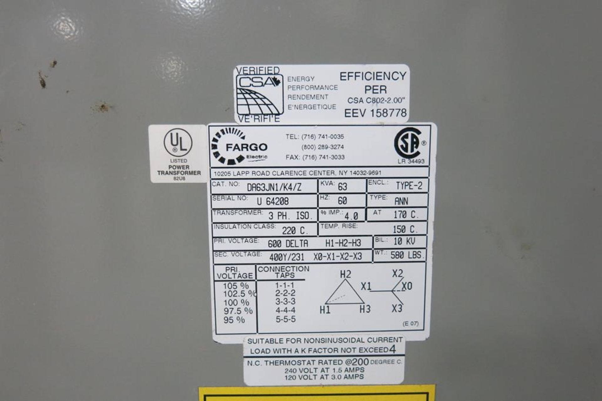 FARGO, 63 KVA, TRANSFORMER, 600 VAC PRIMARY, 400Y / 231V SECONDARY - Image 2 of 2