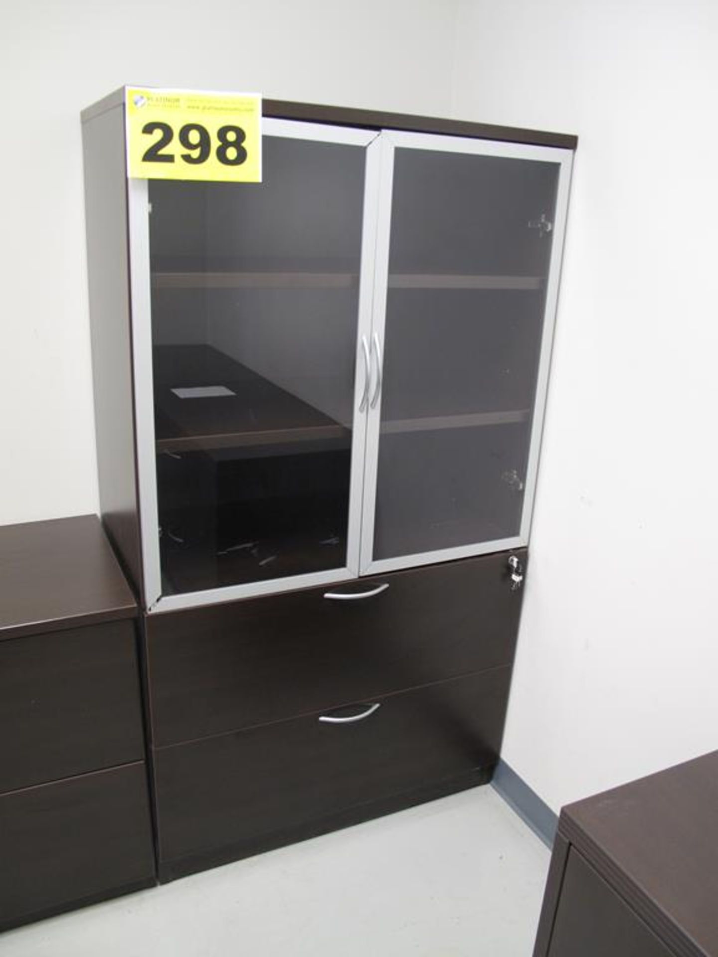 FILING CABINET WITH GLASS UPPER HUTCH, BROWN