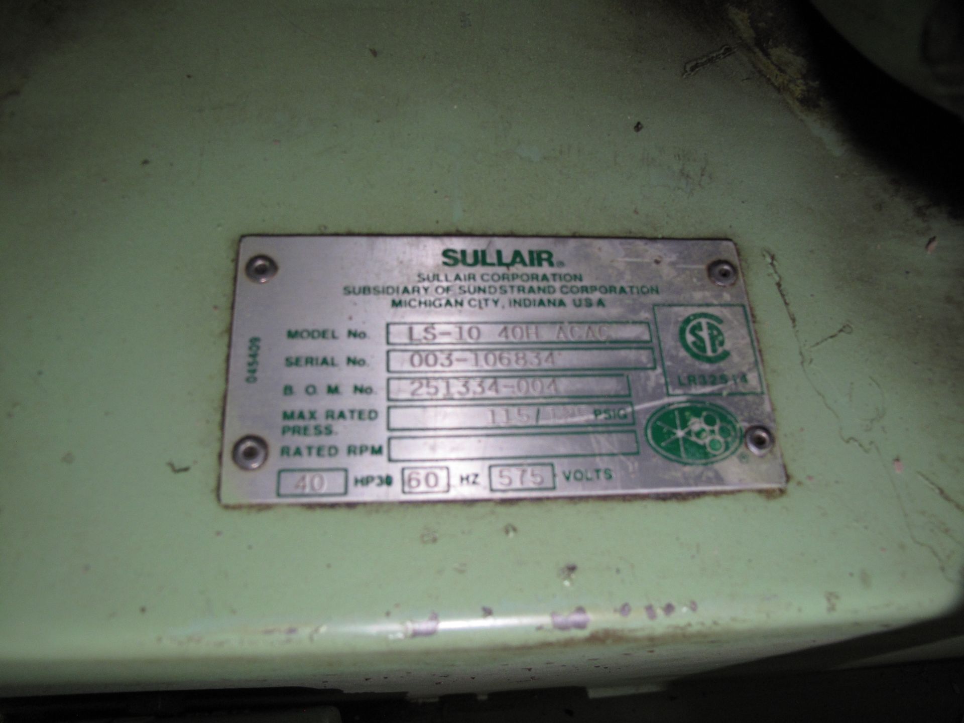 SULLAIR, LS-10, 40 HP, ROTARY SCREW, AIR COMPRESSOR, 125 PSI, 38,384 HOURS, 575 VAC, 3 PH, S/N 003- - Image 5 of 5