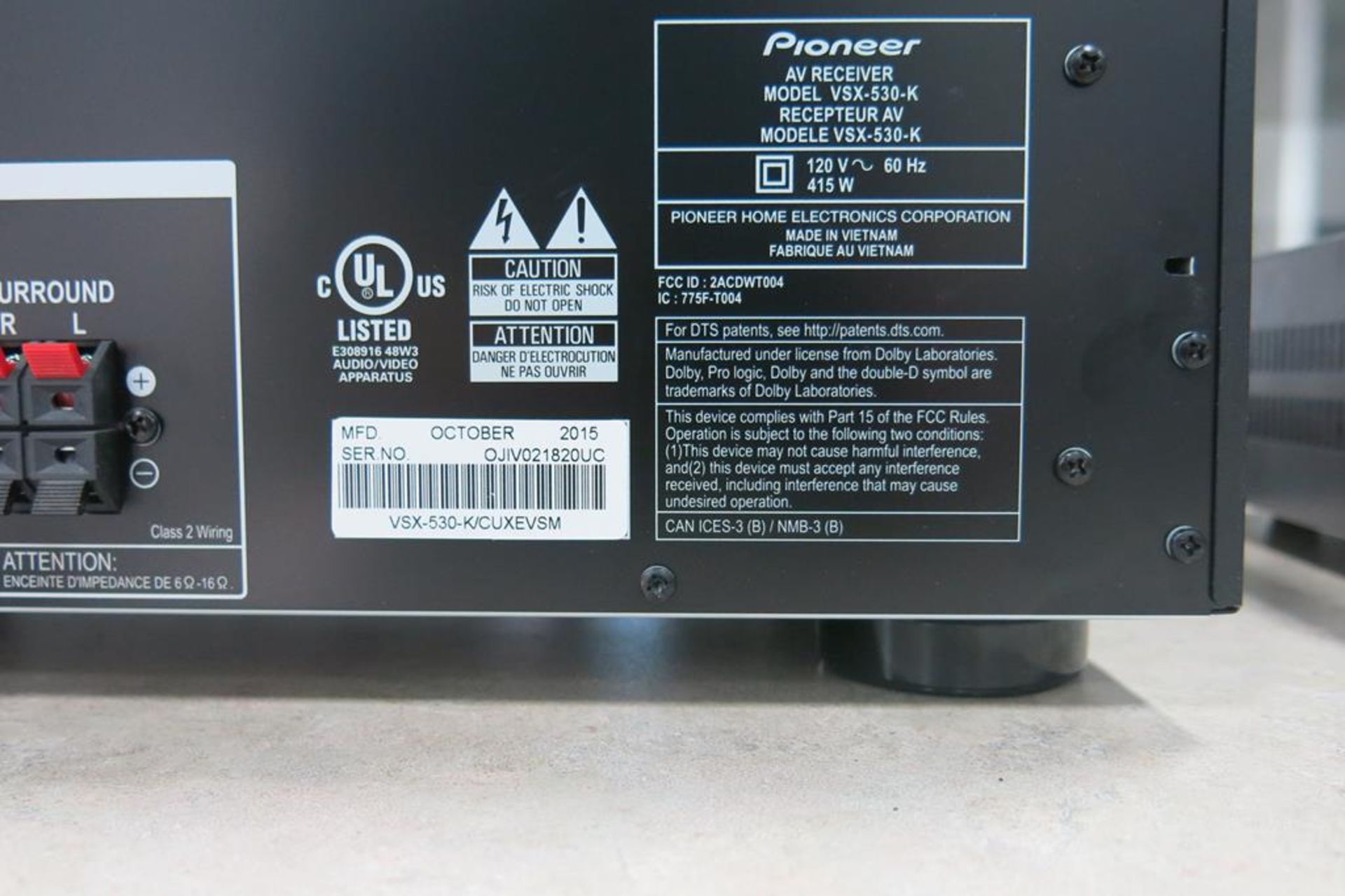 PIONEER, VSX-530, 415 WATT, SURROUND SOUND, AMPLIFIER, 2015 - Image 2 of 2